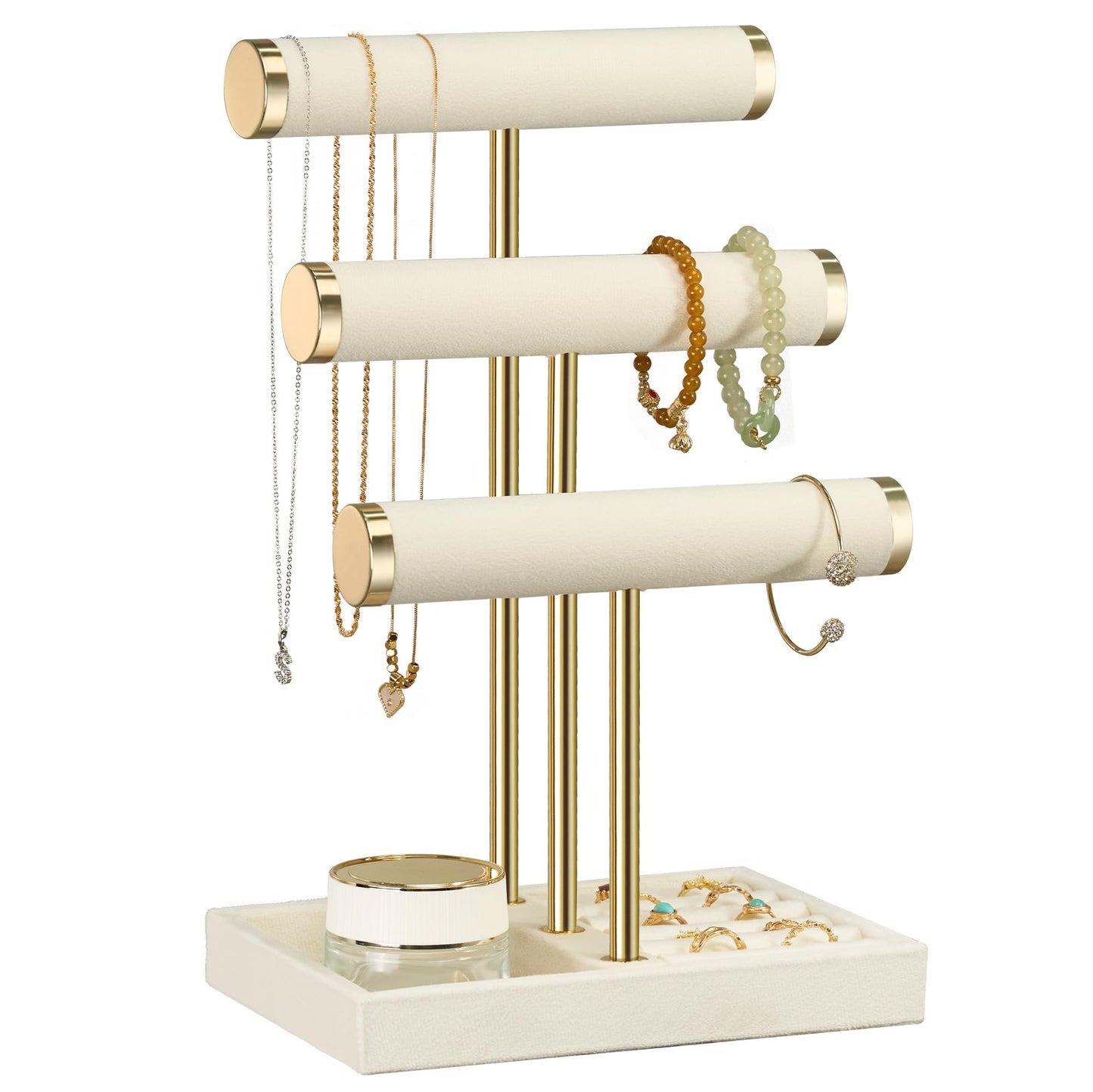 bussdis 3 Tier Bracelet Holder Display - Detachable T Bar Beige Velvet Bracelet Holder, Jewelry Holder Organizer for Bracelet, Necklace, Watches, Rings