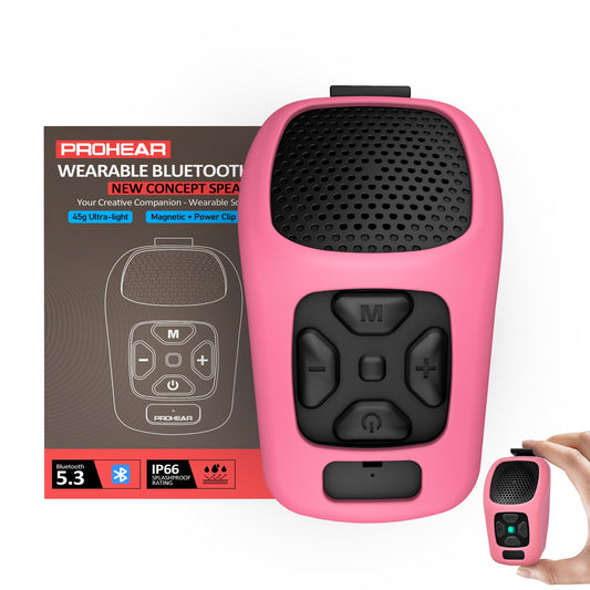 PROHEAR MC001 Wearable Bluetooth Speaker - 45g Portable Small Speaker with Magnetic Clip-On, IP66 Waterproof Certified, Built-in Mic, Voice Assistant for Hands Free Calls, Gifts for Women(Warm Pink)