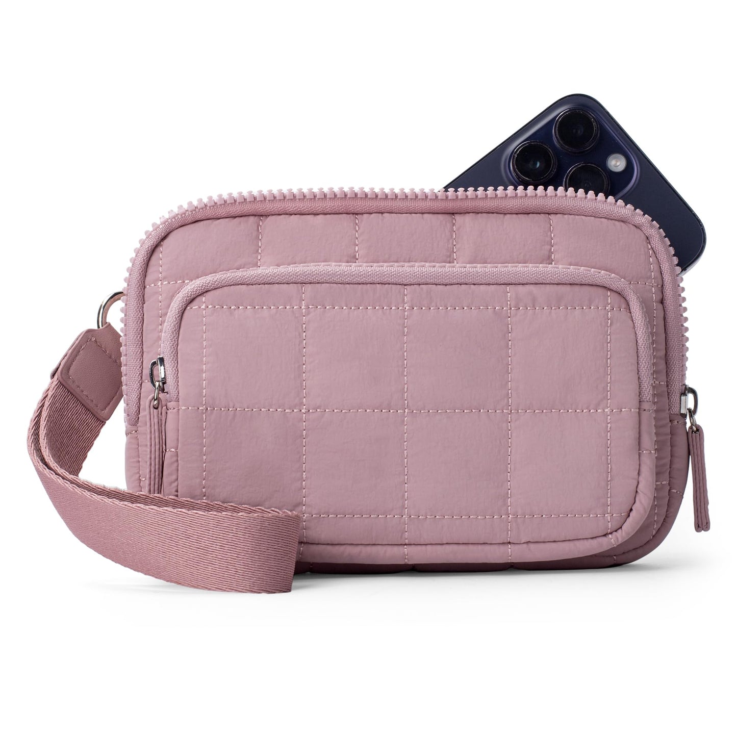 VONAL Wristlet Wallets for Women, Quilted Nylon Wallet Purse with 3 Zipper, Credit Card Holder with RFID Blocking Cell Phone Organizer, Puffer Womens Wristlet, Pink