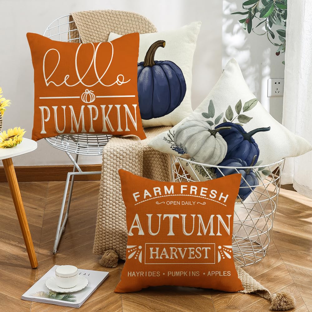 MAZSHTTD Fall Pillow Covers Blue Pumpkin Outdoor Indoor Decorative Throw Pillow Covers 18 x 18 Inch Set of 4 Farmhouse Autumn Cushion Cover Pillow Case for Living Room Bed Room Fall Decor