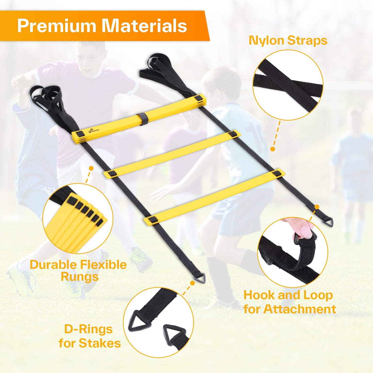 Sportneer Agility Ladder Speed Training Set - 12 Rungs 20ft Detachable Exercise Ladders in 2pcs (6 rungs each) with Ground Stakes for Soccer Football Footwork Training - Ladder with Carry Bag - Yellow