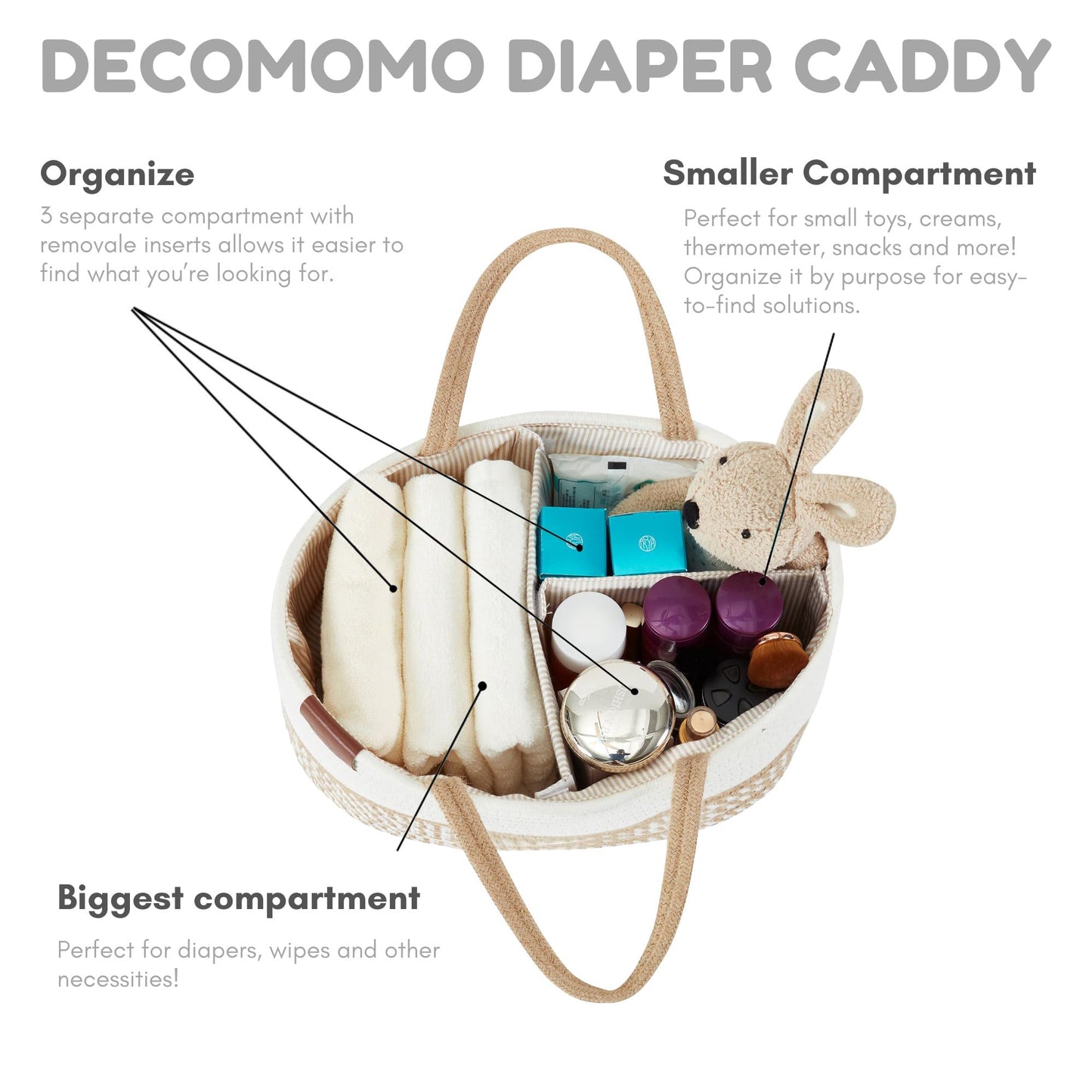 DECOMOMO Baby Caddy Organizer, Diaper Caddy Basket, Baskets for Baby Shower Gifts (Spiral Beige & White, Extra Large)