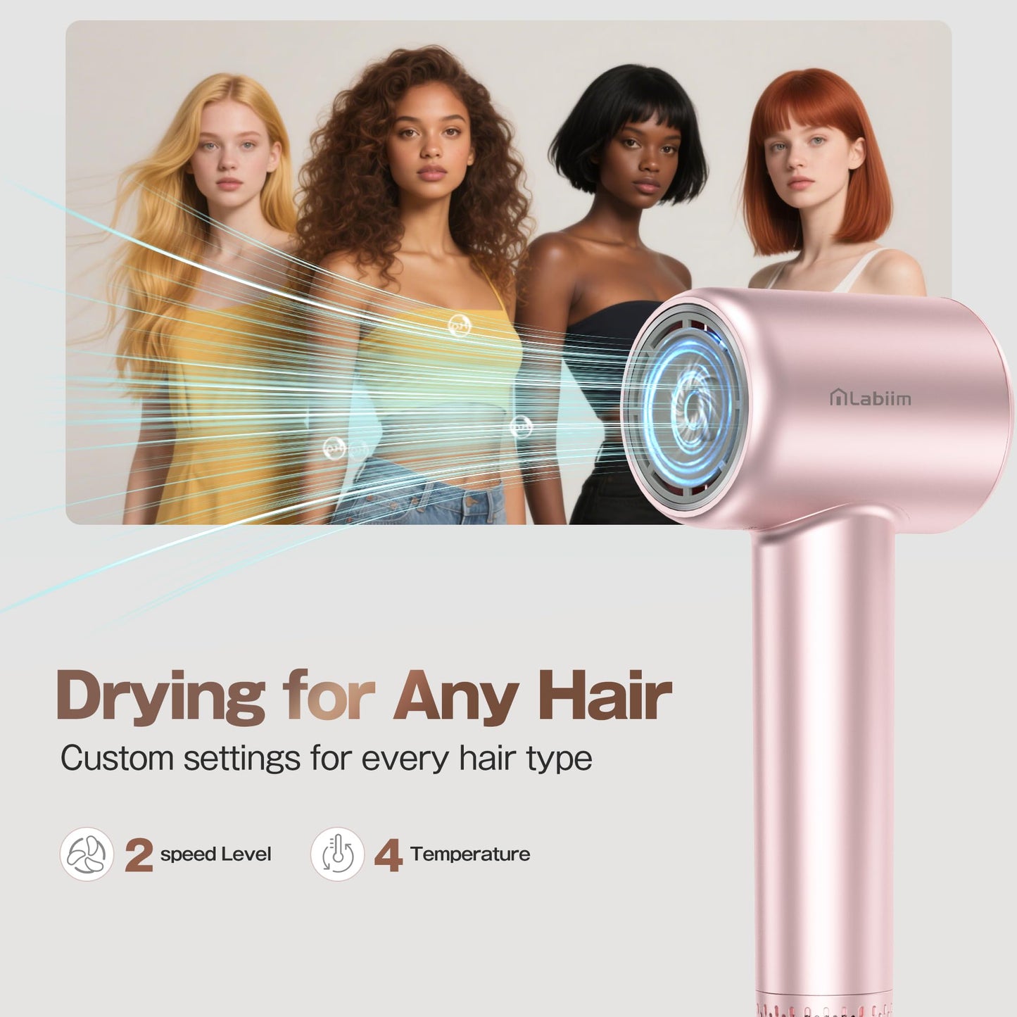 Labiim Hair Dryer, High-Speed Ionic Low Noise Blow Dryer with Brushless Motor for Fast Drying, Thermo-Control Quiet Compact Hair Blow Dryer, Hairdryer with 1 Nozzle Attachments for Home Salon Travel