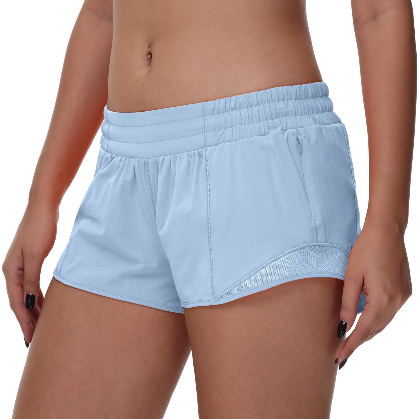 MCEDAR Women's Running Shorts Low Waisted 2.5"，Lightweight Active Workout Quick Dry Gym Athletic Sports Shorts Zip Pocket Pastel Blue,6/S