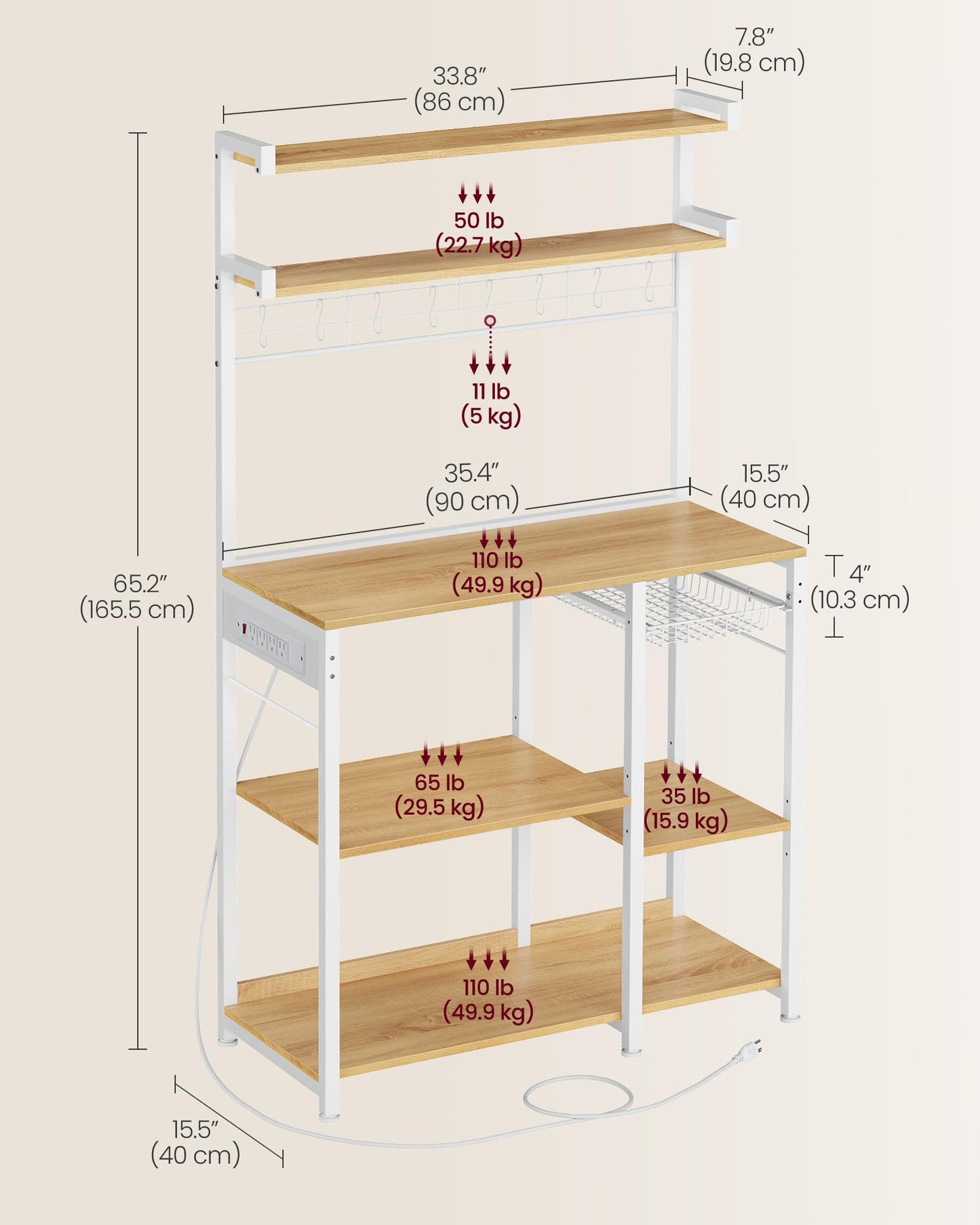 VASAGLE Bakers Rack with Power Outlet, 35.4 Inches Microwave Stand, Coffee Bar, 4 AC Outlets, with Adjustable Shelves, 8 S-Hooks, Basket, Spice Racks, Golden Oak and Cloud White UKKS031Y09