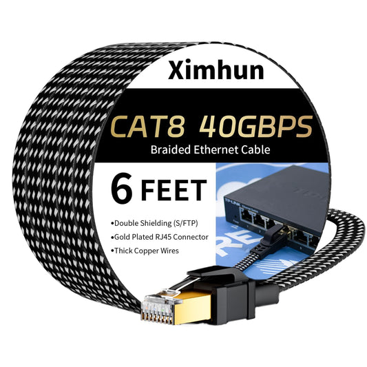Ximhun Cat 8 Ethernet Cable 6 FT, High-Speed Braided Internet Cable Network Cord with RJ45 Connector 40Gbps 2000Mhz Heavy Duty LAN Cable Shielded Indoor