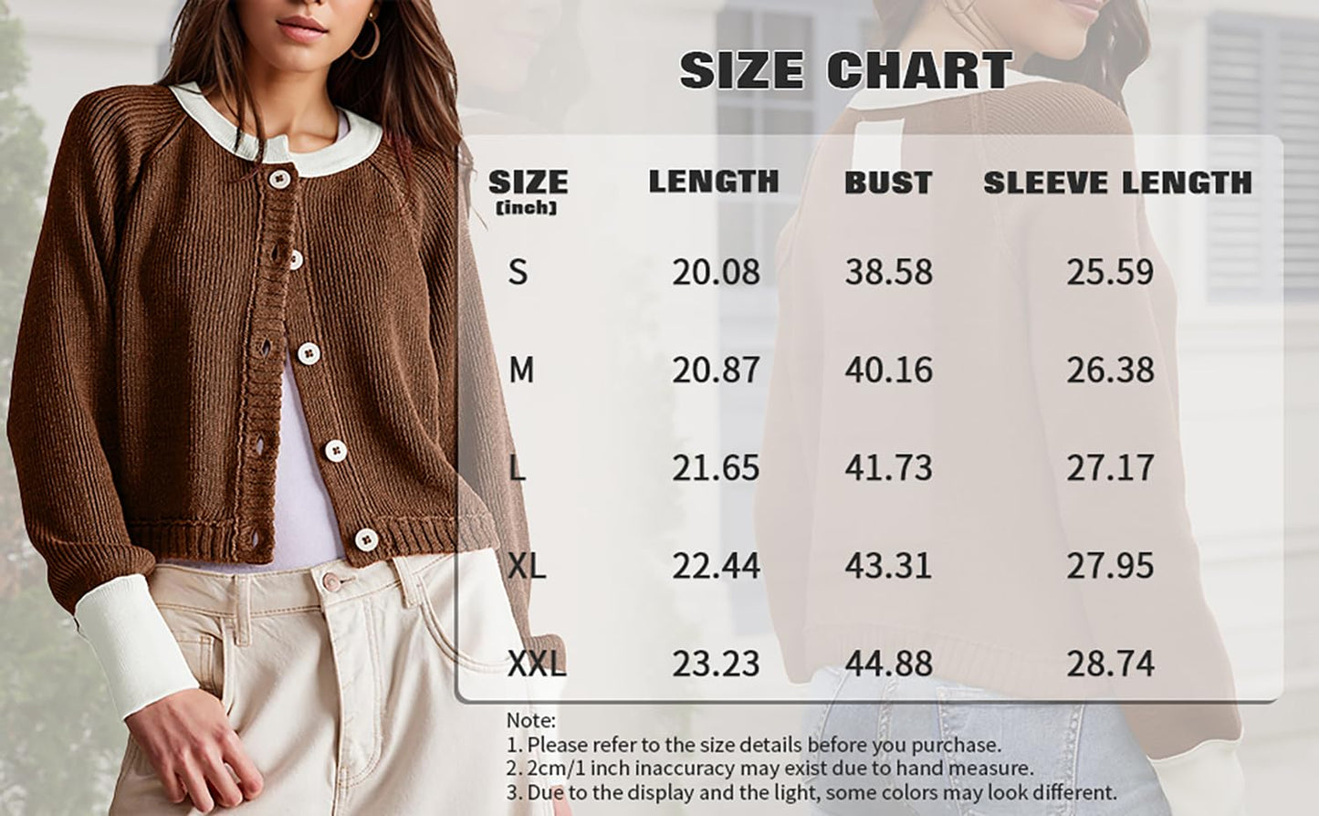 Women's Cropped Cardigan Sweaters Fall Long Sleeve Open Front Cardigans Button Down Color Block Crewneck Knit Outwear Coats Brown