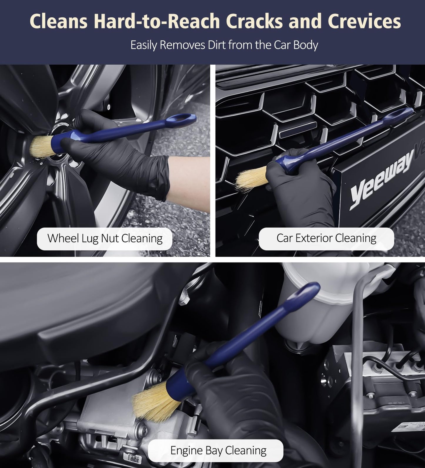YeewayVeh Car Detailing Brush Set, 3 Pack Ultra Soft Boars Hair Detailing Brushes for Leather Seat Air Vents Engine Bay, Auto Detail Brushes Car Detailing for Interior Exterior, Indigo