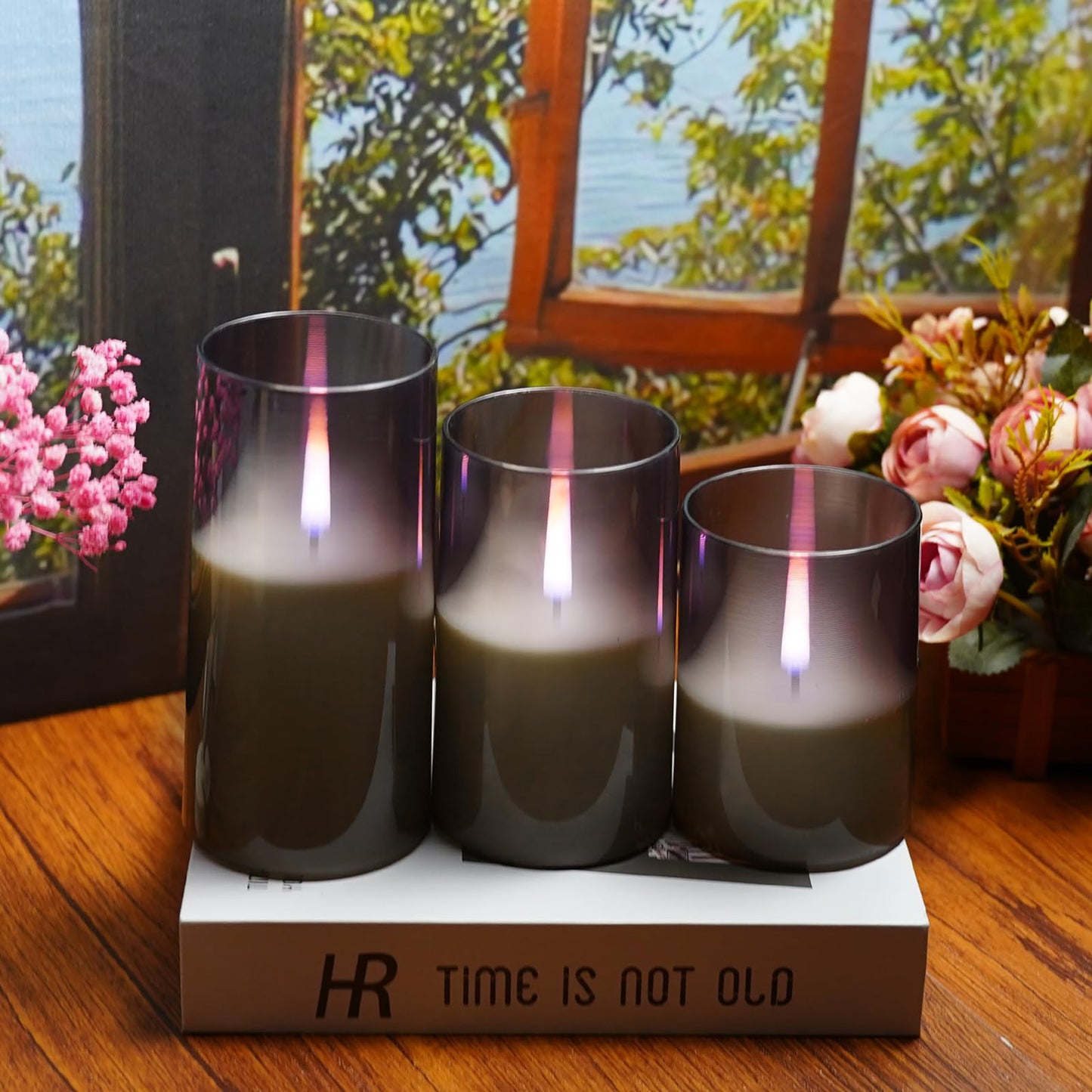 kakoya Flameless Candles Upgraded Realistic Flickering Flame,Battery Operated LED Candles with Remote Timers,Acrylic Electric Candles Set of 3(D 3" xH 4" 5" 6")（Grey）