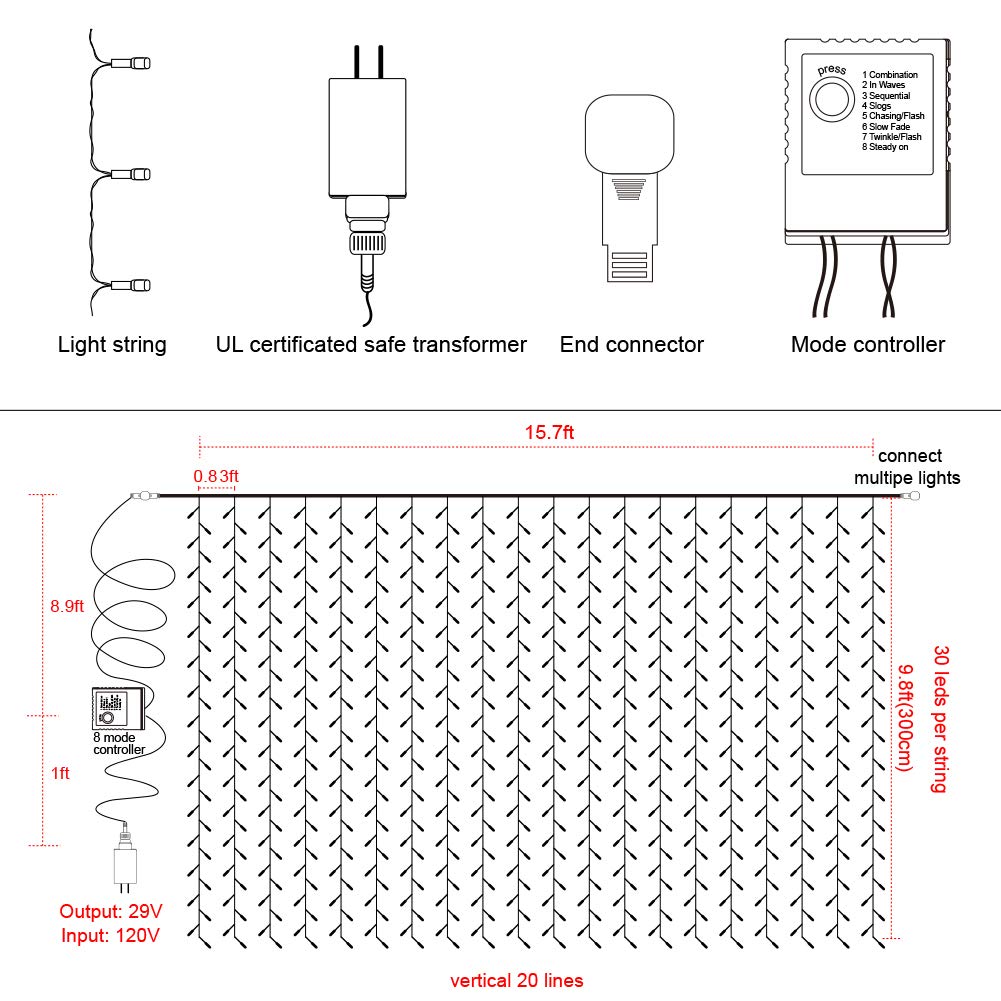 Twinkle Star 600 LED Window Curtain String Light for Wedding Party Home Garden Bedroom Outdoor Indoor Wall, Warm White
