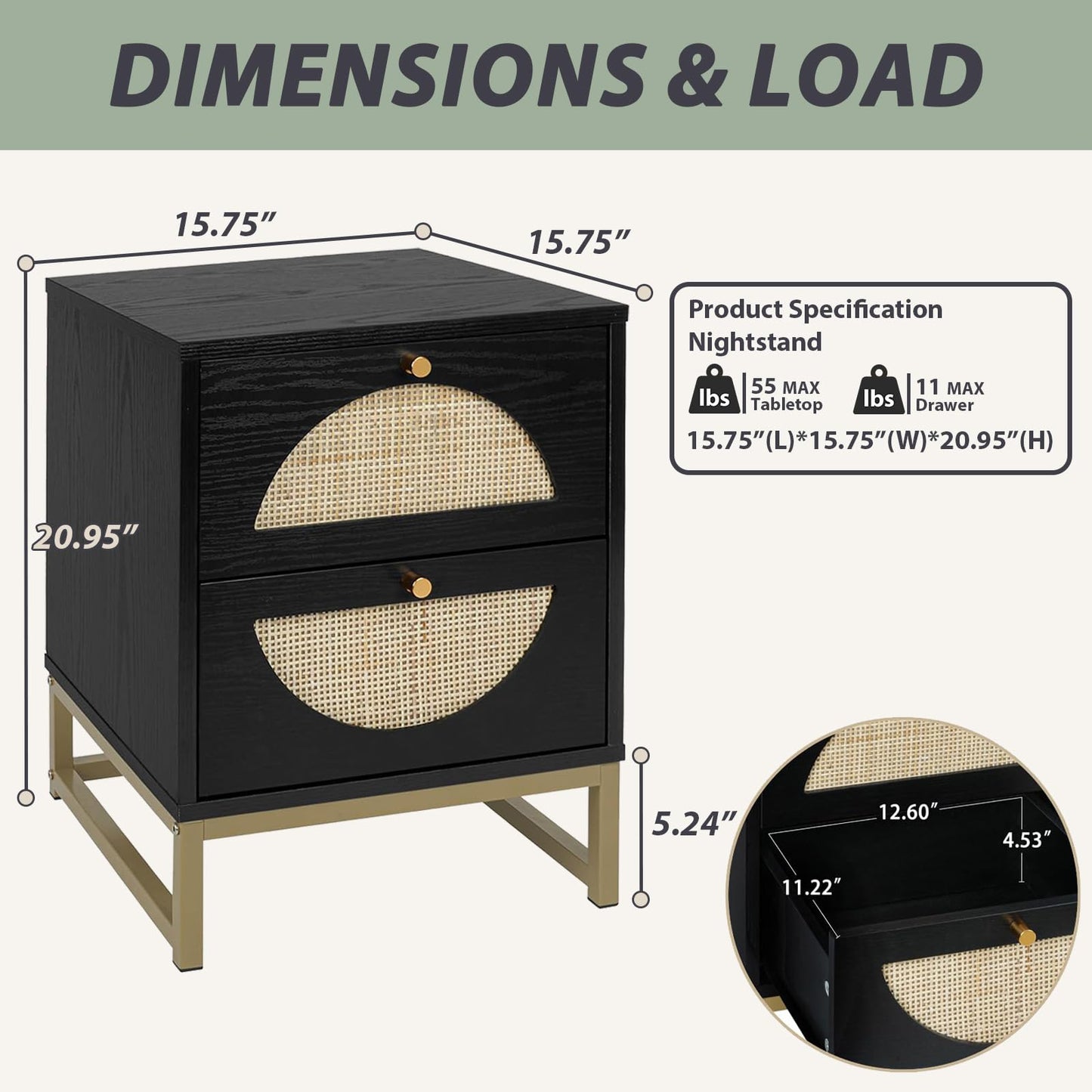 vistavie Rattan Nightstand with 2 Drawers, Wooden End Table Rattan Weaving Bedside Table Accent,Rustic Side Table Night Stand with Storage,for Living Room Bedroom (Black, Set of 1)