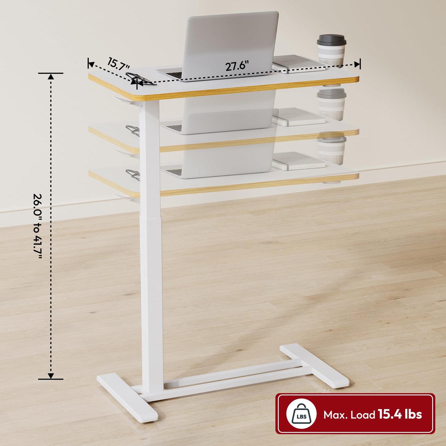 SANODESK Medical Adjustable Overbed Bedside Table with Hidden Casters, Pneumatic Mobile Laptop Computer Standing Desk Cart with Tray, Hospital and Home Use(27.6" W x 15.7" D, White)