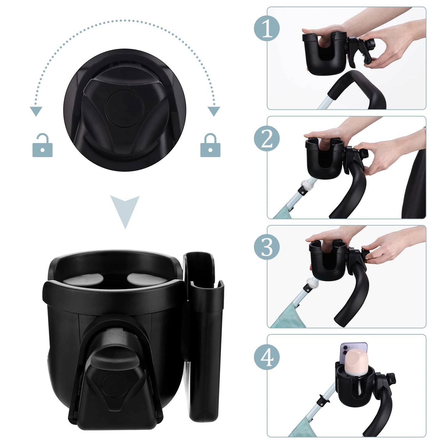 Suranew Universal Stroller Cup Holder, Adjustable Drink Holder with Phone Holder for Baby Stroller, Wheelchair, Walker, Bike, Scooter, Gifts for Family Member.