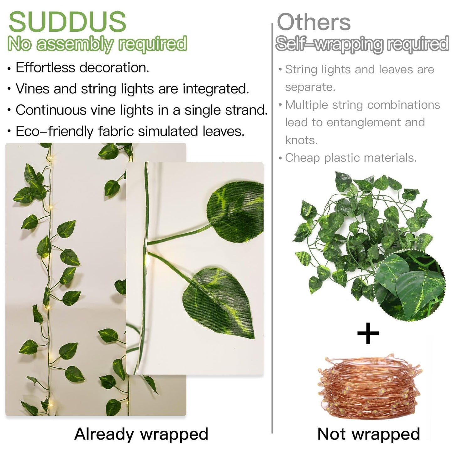 suddus Vine with Fairy Lights Battery Operated, 33ft100 LED Pothos String Lights with Remote, Leaf Lights for Bedroom, Room, Wall, Garden, Party, Wedding Decor(Warm White)