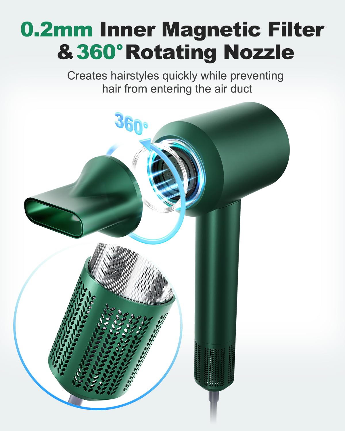 7MAGIC High-Speed Hair Dryer with 110,000RPM Brushless Motor for Fast Drying, Low Noise Blow Dryer with Tri-Colour LED Light Ring, 1400W Ionic Hair Dryer for Home and Travel, Magnetic Nozzle, Green