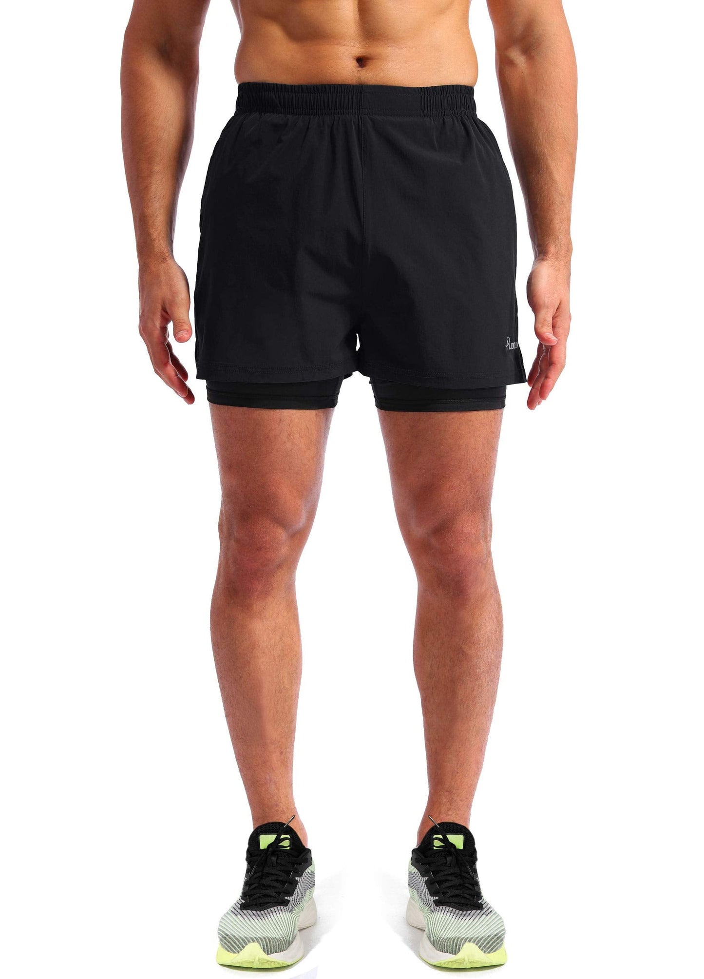 Pudolla Men’s 2 in 1 Running Shorts 5" Quick Dry Gym Athletic Workout Shorts for Men with Phone Pockets(Black Large)