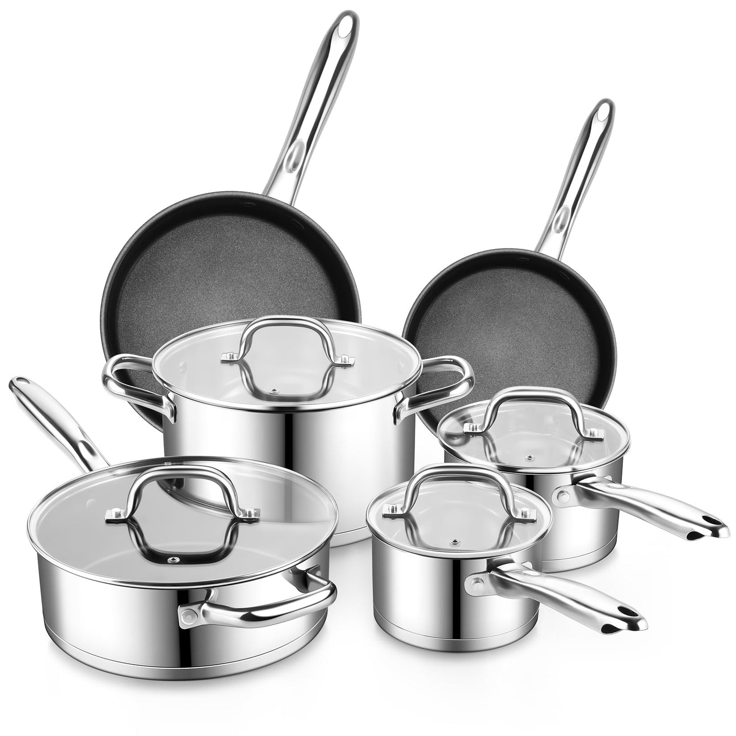 P&P CHEF 10 Pcs Pots and Pans Sets, Stainless Steel Cookware Set of 6 for Kitchen, Induction Cooking Pot & Saucepans with Glass Lids, Nonstick Frying Pans & Saute Pan