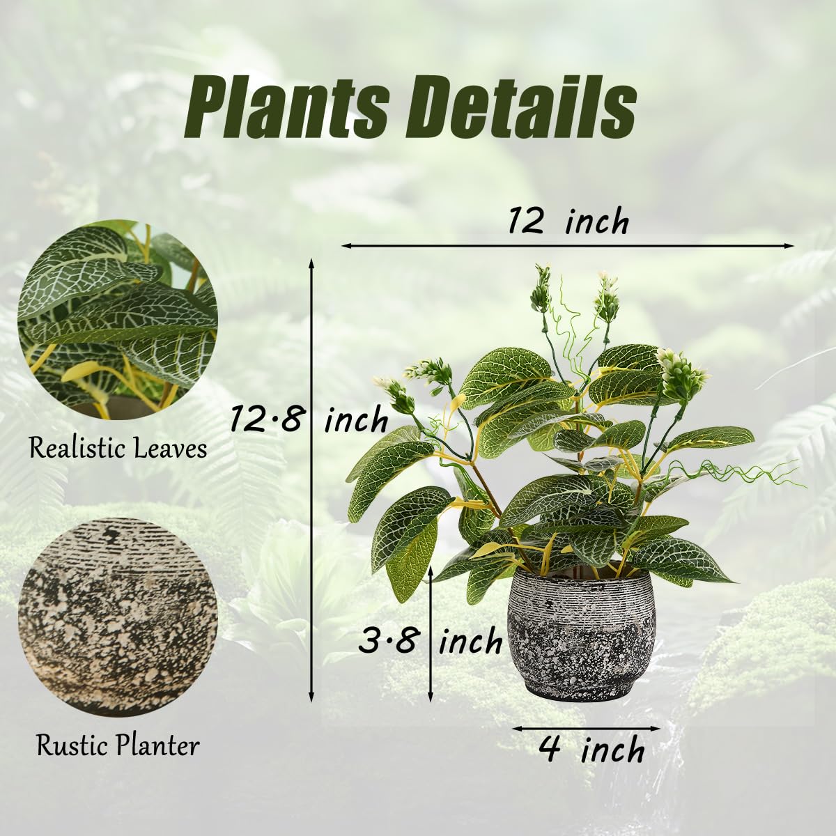 Giftale 12.8'' Fake Plants Greenery Faux White Nerve Plants Artificial Ficus Plant with Rustic Black Cement Planter for Home Living Room Bathroom Decor Indoor & Outdoor Kitchen Office Desk Bookshelf