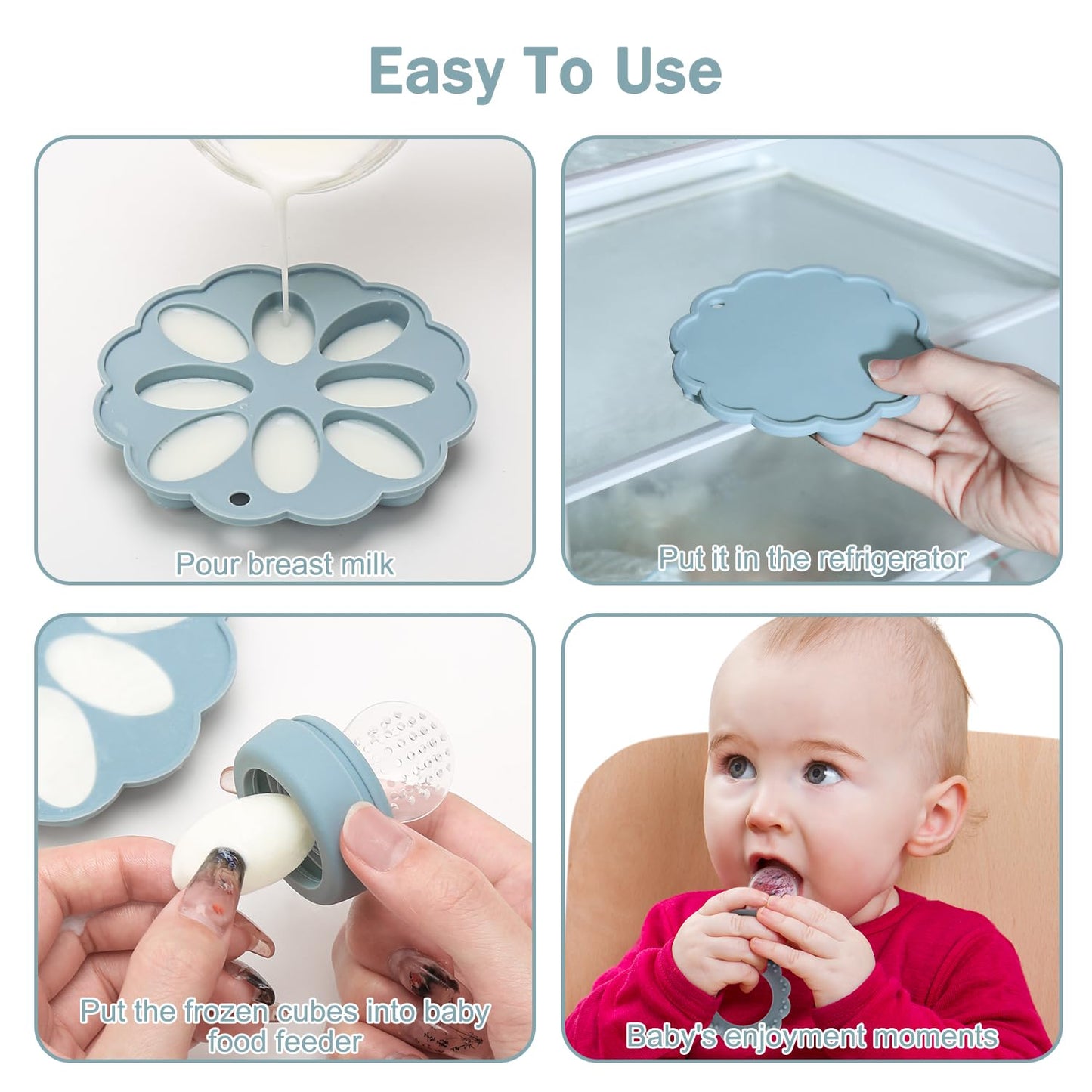 MISSLILI Baby Silicone Fruit Food Feeder & Pacifier, Breastmilk Popsicle Molds, BPA Free Food Storage Containers, Infant Teething Toy (Blue)