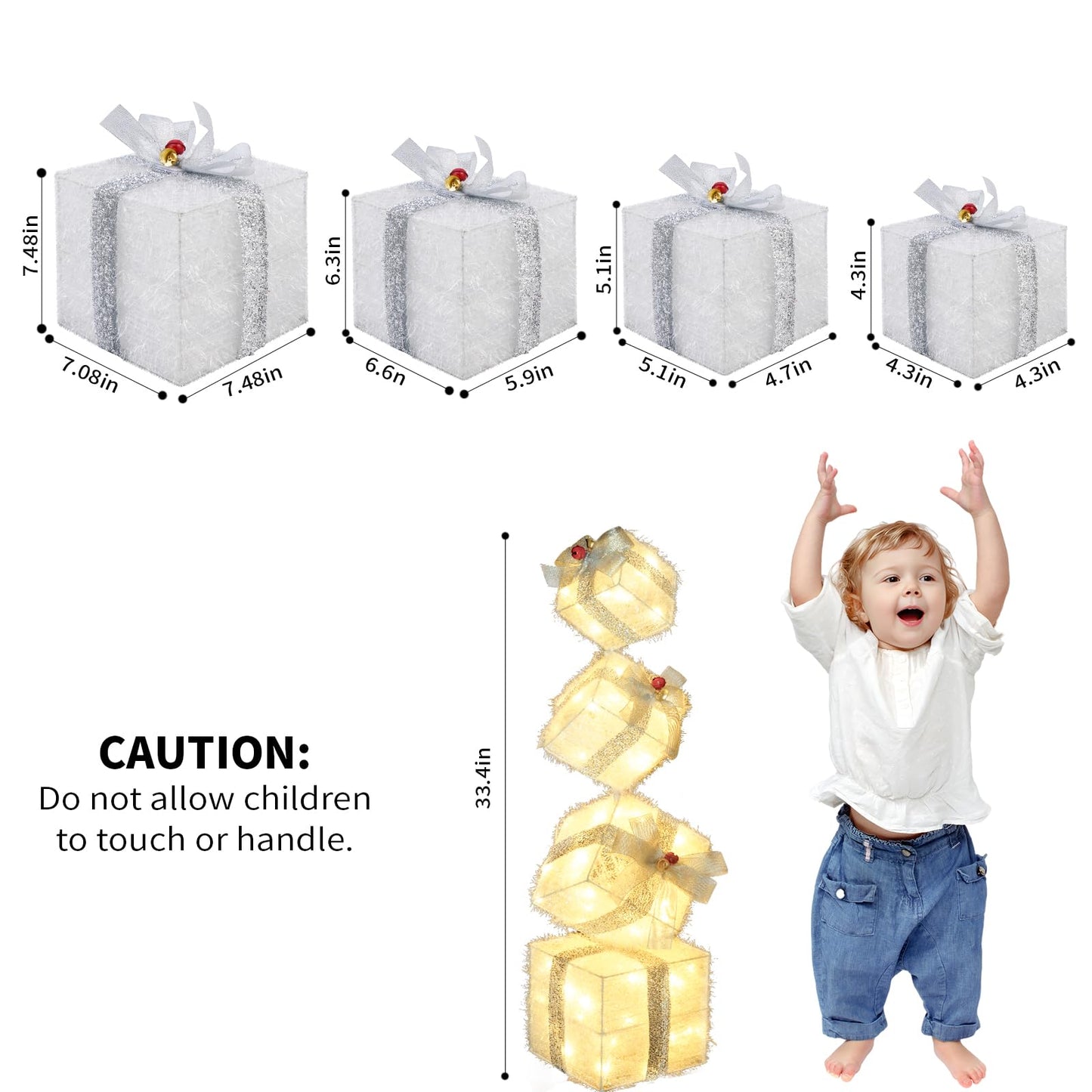 COVFEVER Christmas Lighted Gift Boxes Decorations Set of 4, 2.8Ft Stackable Christmas Nesting Boxes Battery Operated for Home and Party Decoration (8"-6"-5"-4", Silver Bow)