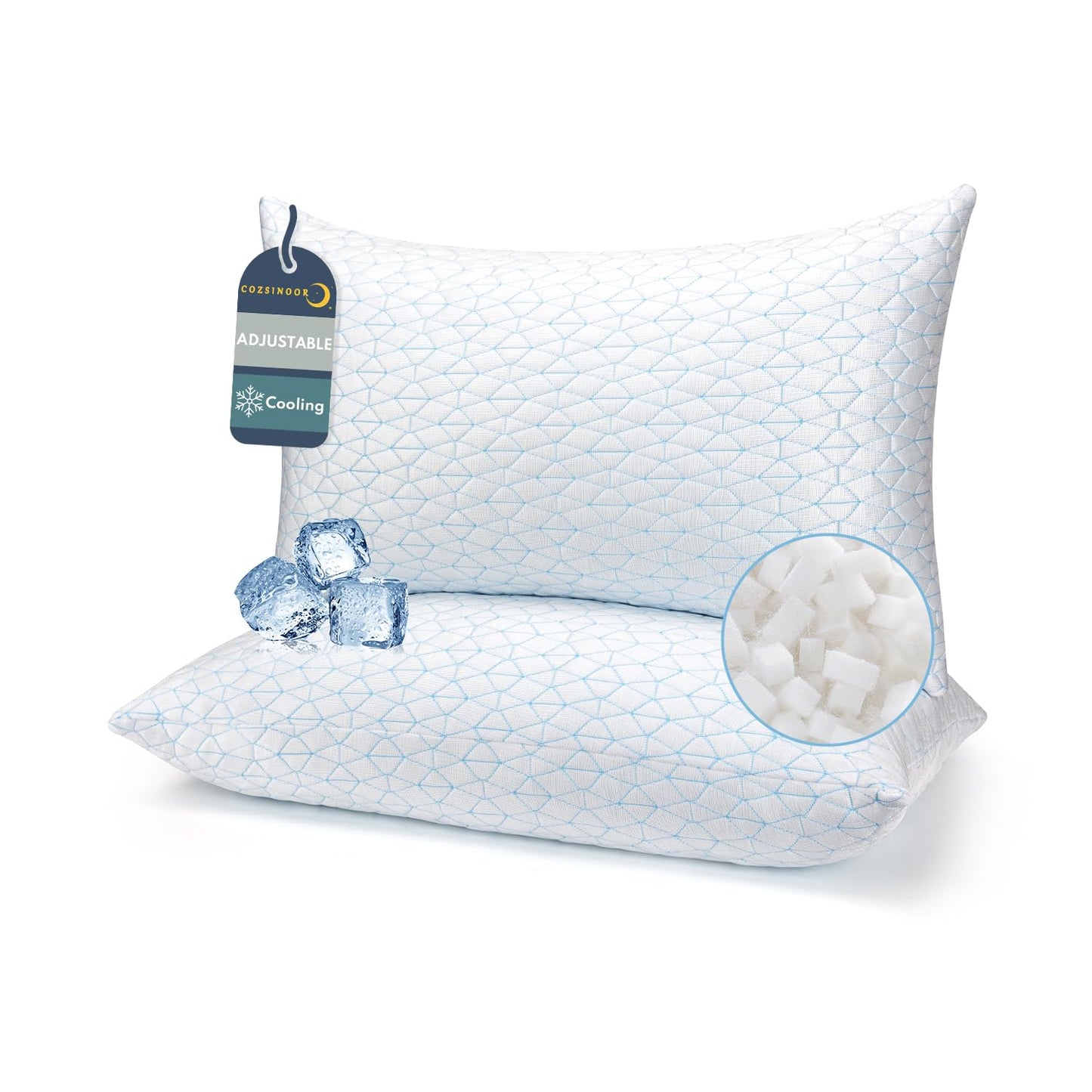 COZSINOOR Cooling Pillows Queen Size Set of 2 for Sleeping - Adjustable Shredded Memory Foam Pillows 2 Pack, Cool Bed Pillows for Back, Side and Stomach Sleepers, Gel Pillow Removable Cover Washable