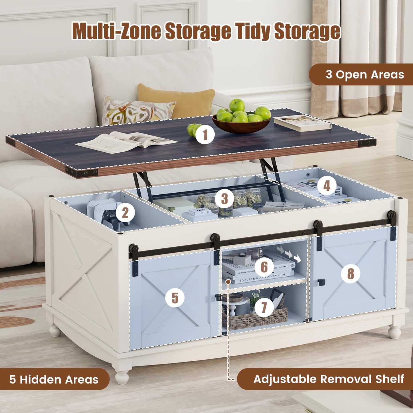 ALLSTAND 48" Farmhouse Lift Top Coffee Table with Storage Sliding Barn Door & Large Hidden Compartment, Coffee Table with Lifting Top with Wooden Lift Tabletop, Coffee Tables for Living Room, White