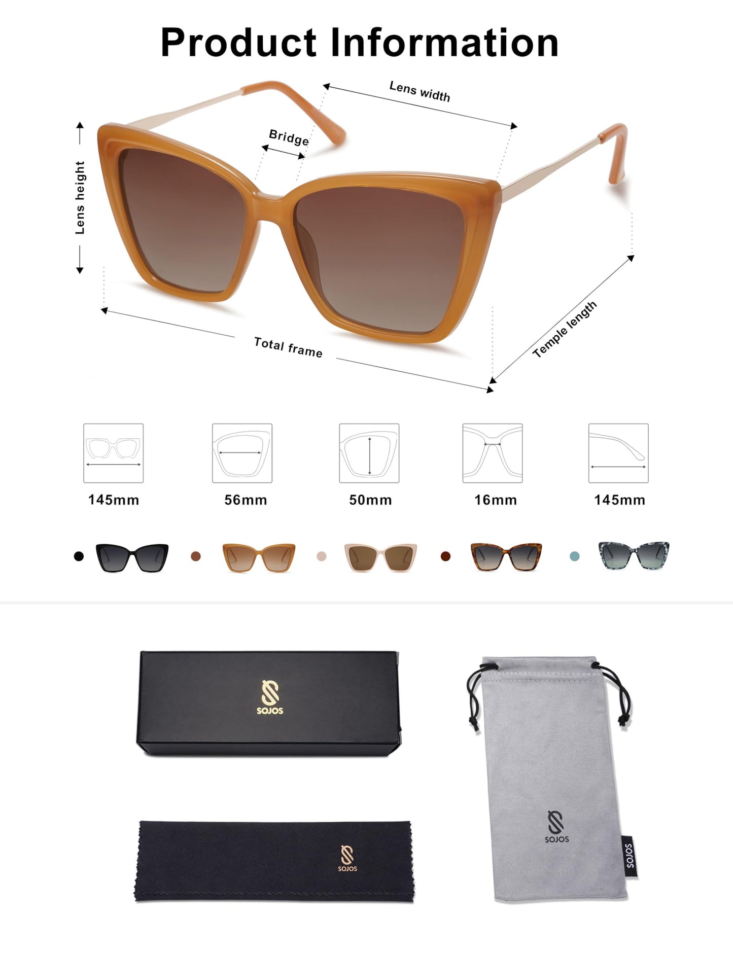 SOJOS Trendy Polarized Sunglasses For Women Retro Womens Oversized Square Cat Eye Sun Glasses UV Protection SJ2206 Milky Orange Frame Brown Grading Lens