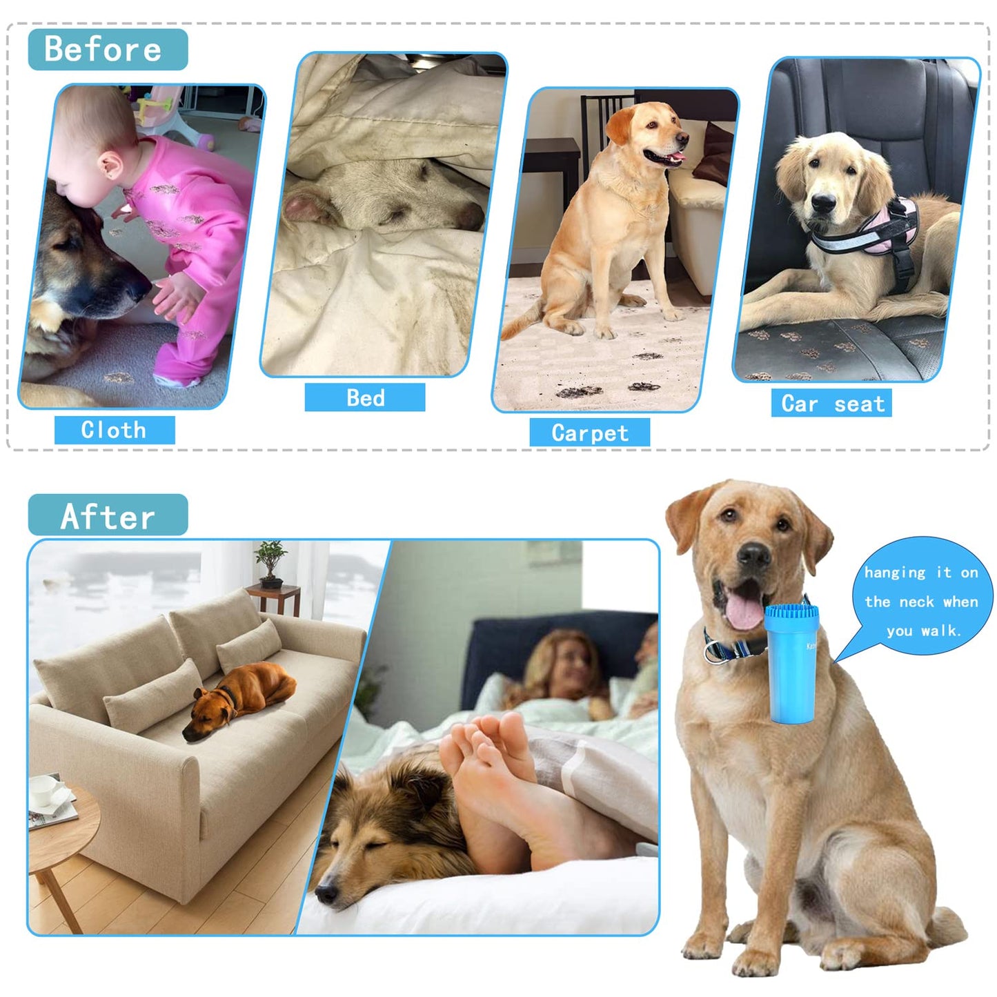 Kabetig Dog Paw Cleaner & Washer for Large/Extra Large Breeds - Muddy Paws Easy Cleaning Cup for Big Dogs - Includes 3 Absorbent Towels(Blue)