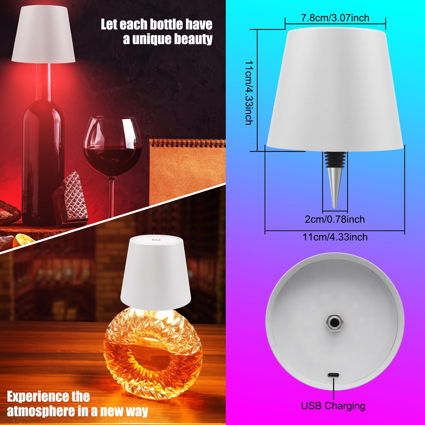Wireless Bottle Lamp with Remote Control, Rechargeable RGB Wine Bottle with 3Modes Light Dimming, Waterproof Touch Lamp Head for Room, Bar, Restaurant and Party Decorations(RGB White)