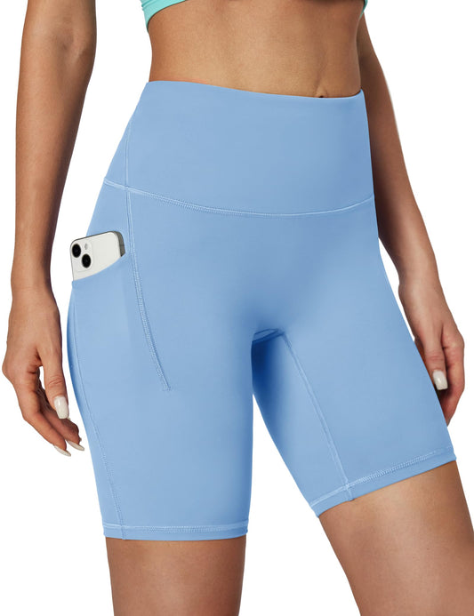 IUGA Biker Shorts Women Tummy Control 8" Workout Gym High Waisted Running Yoga Compression Spandex Shorts Women with Pockets Blue