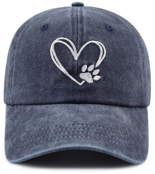 Dog Paw Print with Love Heart Hat for Women Men, Funny Adjustable Cotton Embroidered Dog Lovers Gifts Baseball Cap