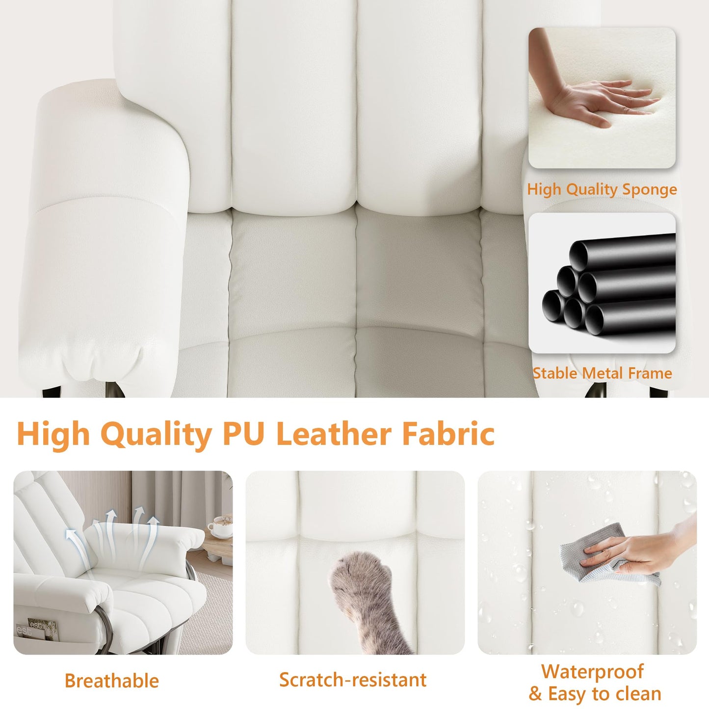 JIASTING 360° Swivel Leather Recliner Chair with Ottoman & Double Side Pockets, Nursing Glider Rocking Recliner Chair, Gliding Chairs for Nursery, Living Room, Office, Bedroom, Metal Frame (White)