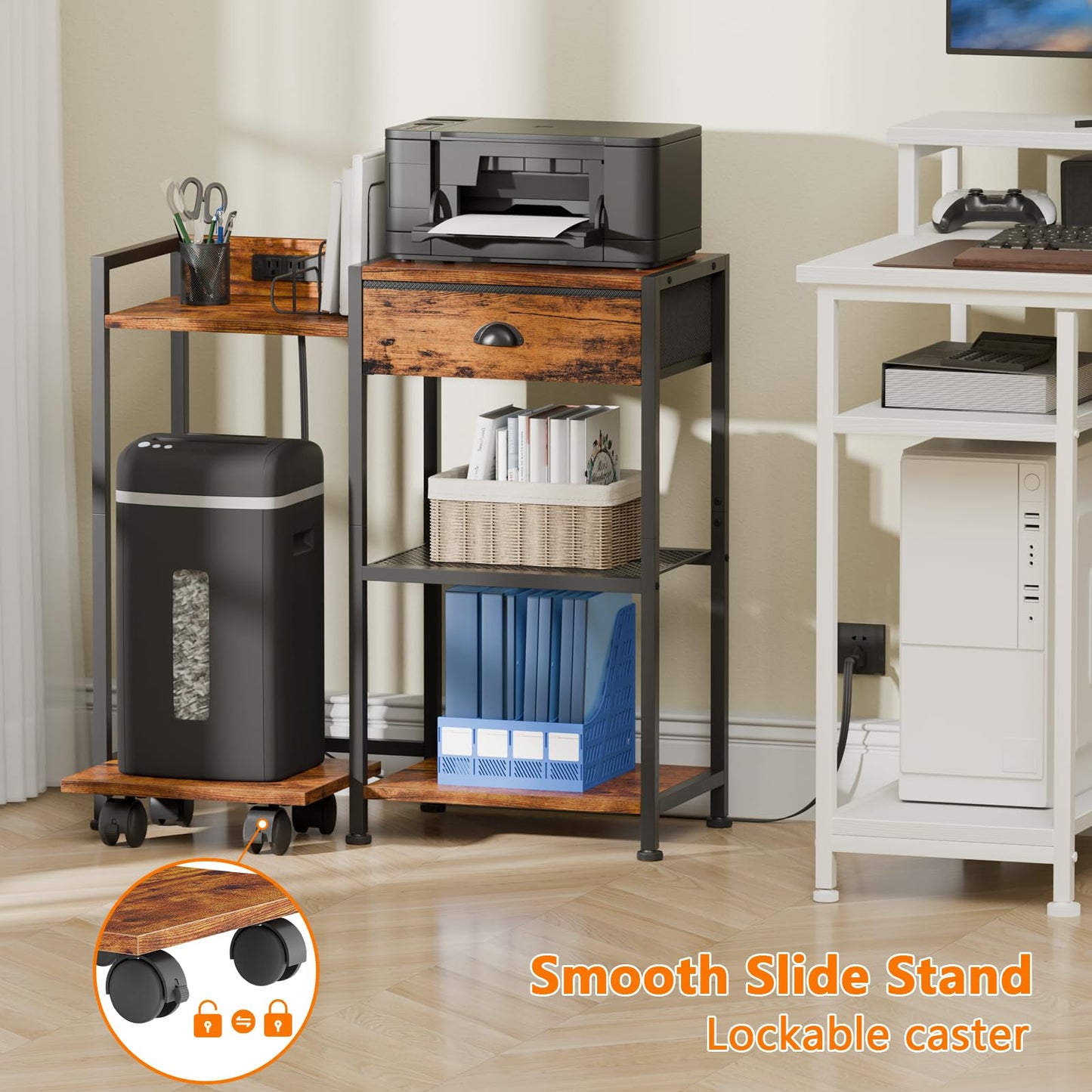 Furologee Printer Stand with Storage Drawer,Printer Table with Charging Station and USB Port,Industrial 3 Tier Shelf, Shredder Stand with Wheels,for Home Office,Rustic Brown