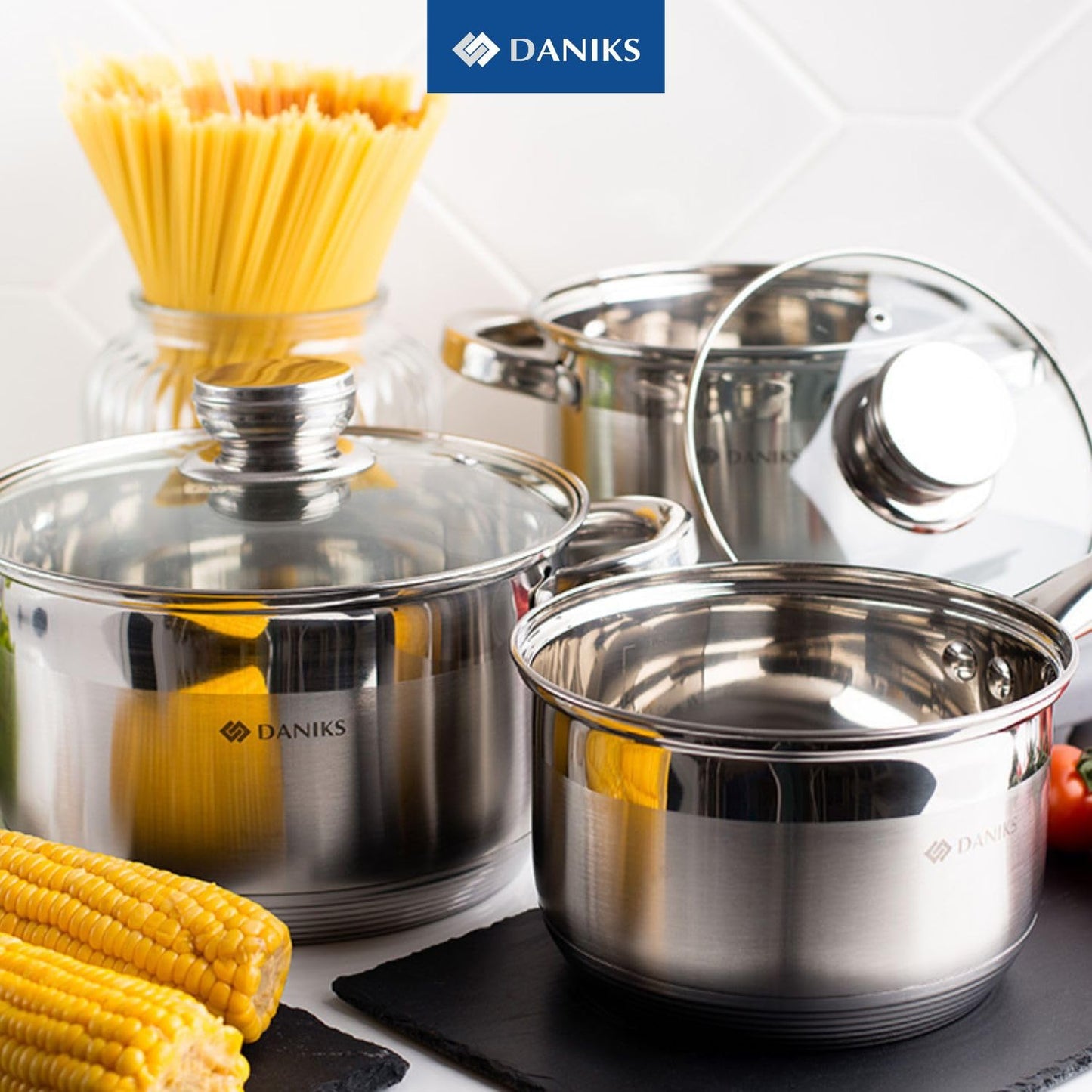 Daniks Standard 6-Piece Stainless Steel Induction Cookware Set, Dishwasher Safe Pots, Measuring Scale, Glass Lids, For Soup, Pasta, Stew, Silver