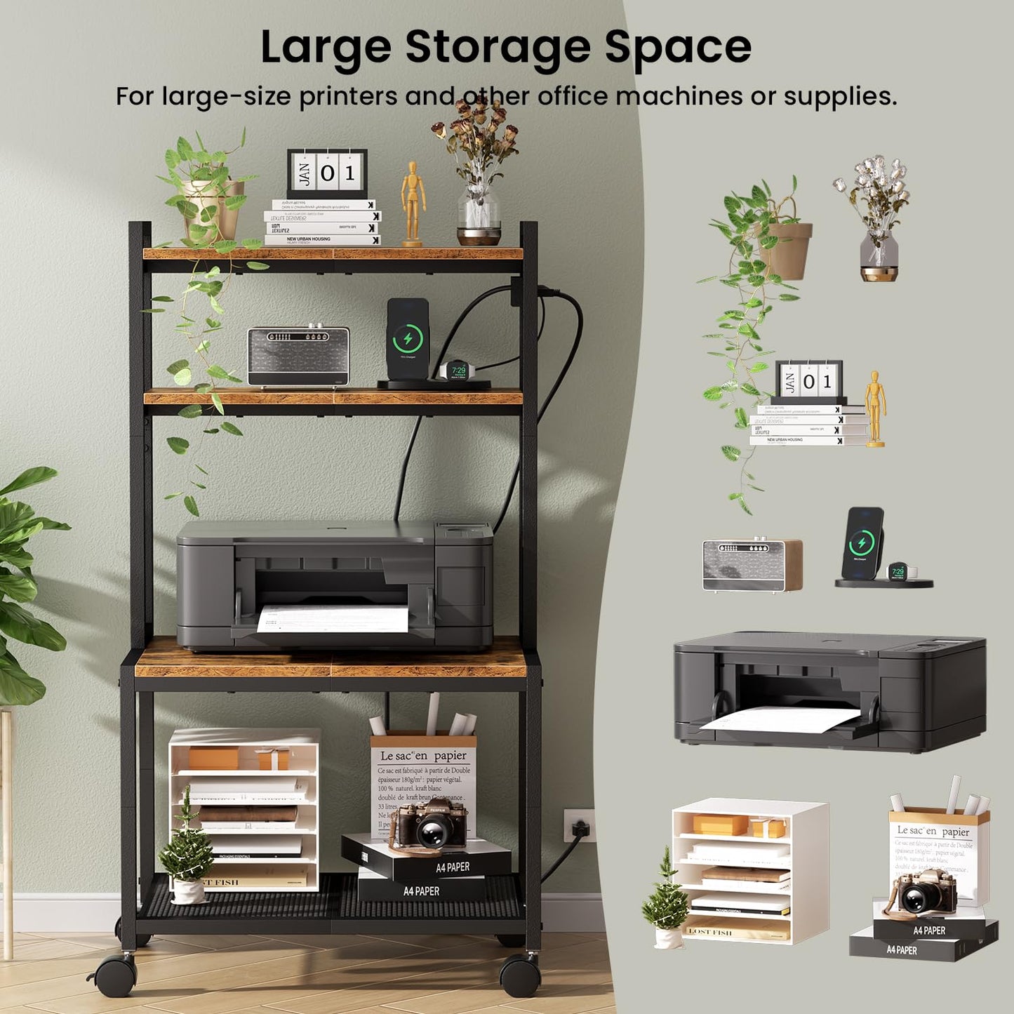 Asgolion Large Printer Stand with Storage, 4 Tier Table with Wheels for Home Office, Beside Desk for Printer, Scanner, Fax, Rustic Brown