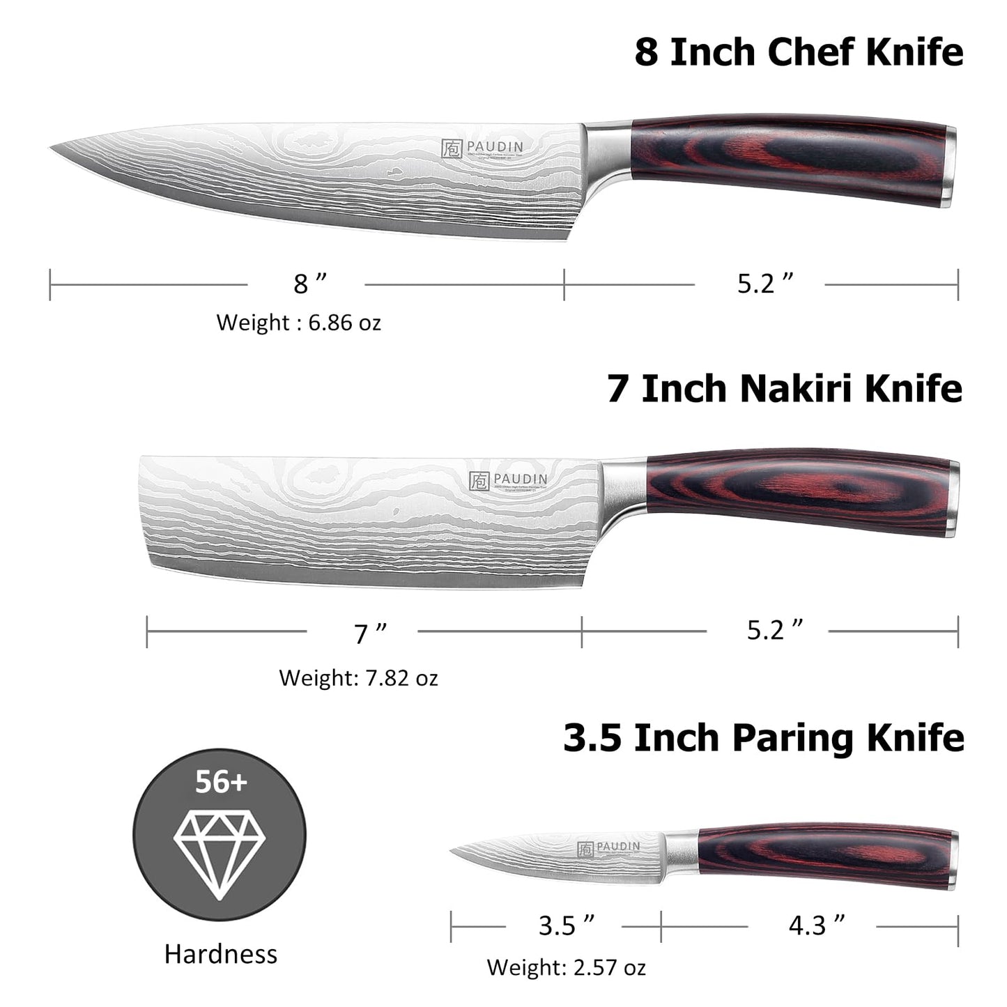 PAUDIN Kitchen Knife Set, 3 Piece High Carbon Stainless Steel Professional Chef Knife Set with Ultra Sharp Blade & Wooden Handle (Kitchen Knife Set 3 Pcs)