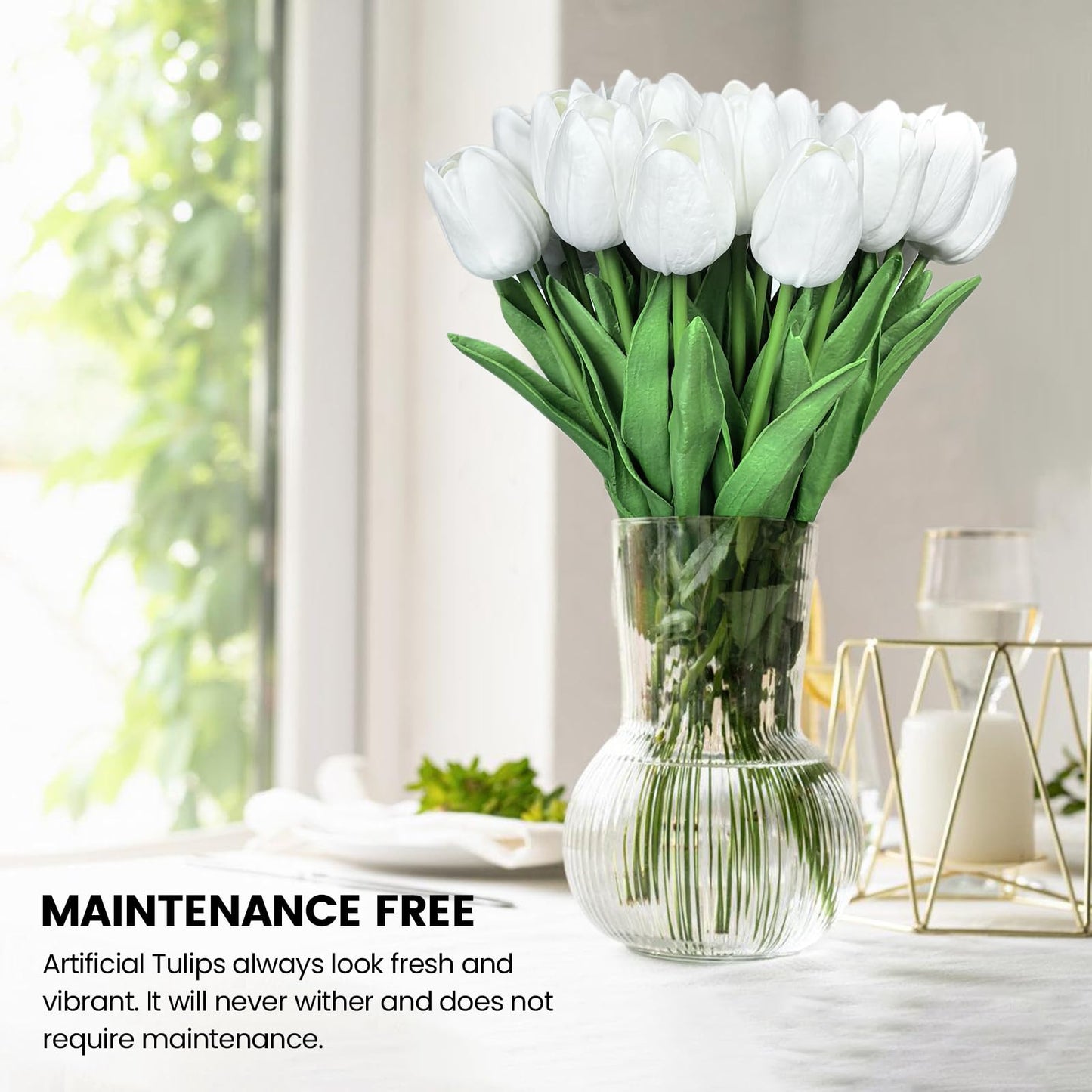 Subacy 30 PCS Artificial Tulips 13.5inch Long Fake Flowers Real Touch Tulips Silk Flowers for Spring Easter Mother's Day Decorations (White)
