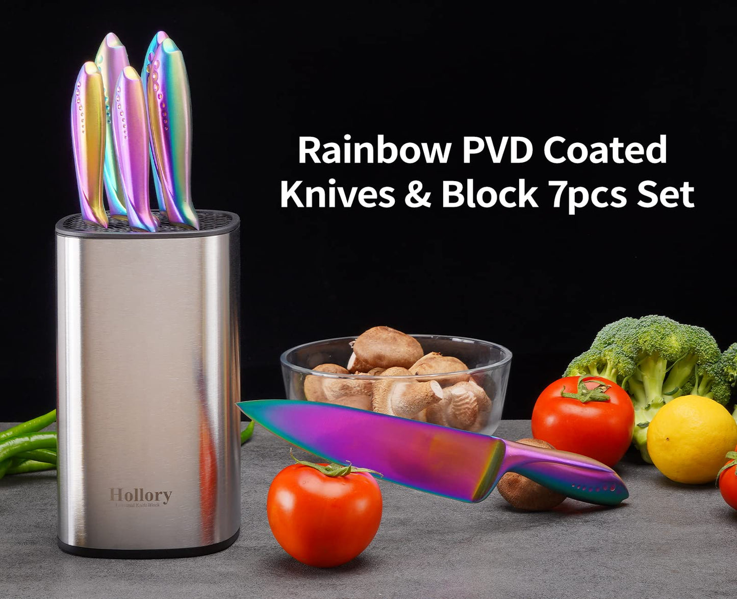 Rainbow Knives Block Set 7 Pieces, Iridescent German High Carbon Stainless Steel Kitchen Knives Pack with Universal Knife Holder