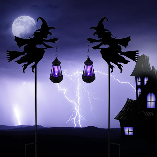 Halloween Decorations Outdoor Witch Solar Lanterns 2 Pack - Ghost Decorations Lawn Ornaments Statue Outdoor, Solar Garden Stakes, Metal Yard Decor, Whimsical Decor for Patio (Purple Light)