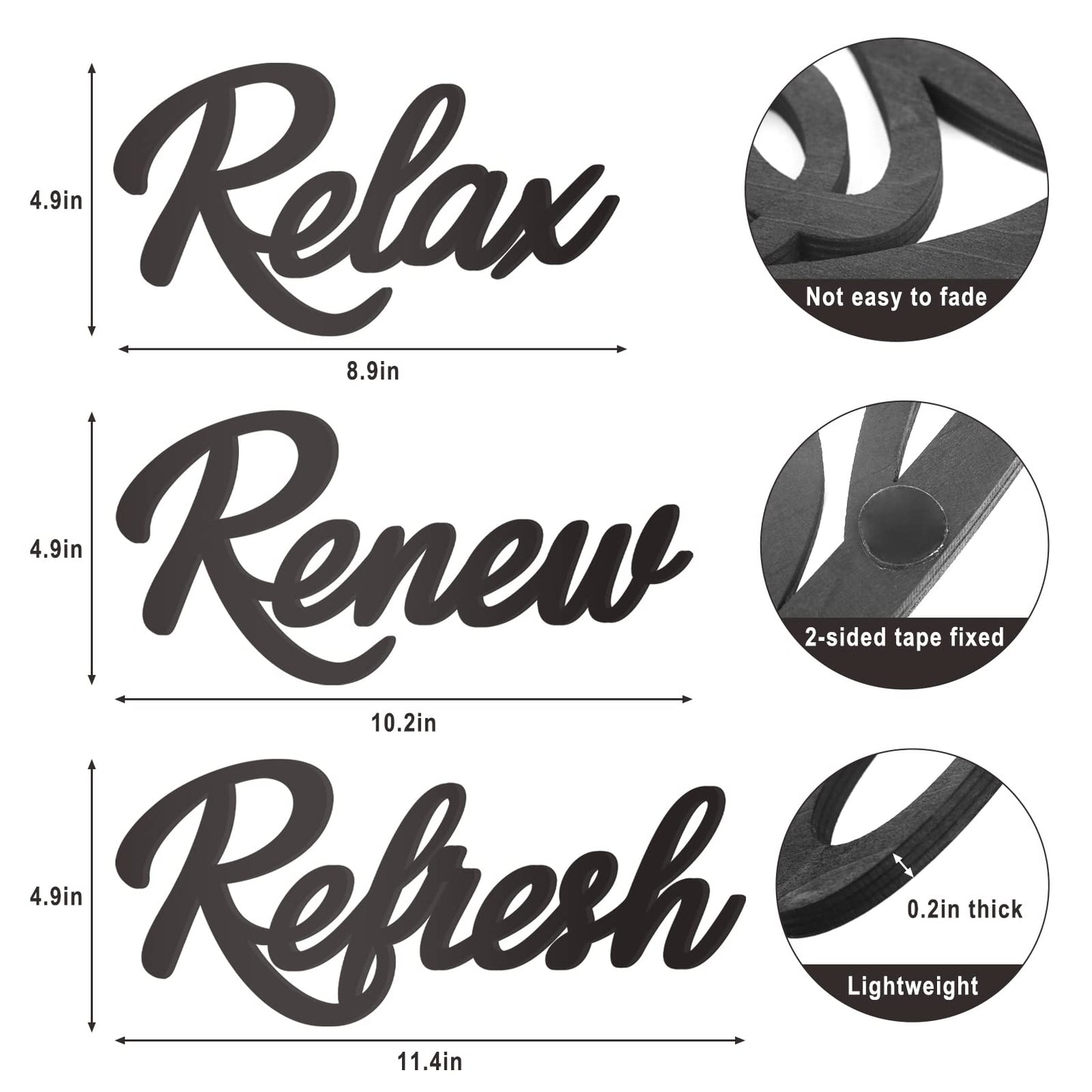 KOYILTD 3 Pieces Bathroom Decor Wooden Bathroom Sign Relax Renew Refresh Sign (black)