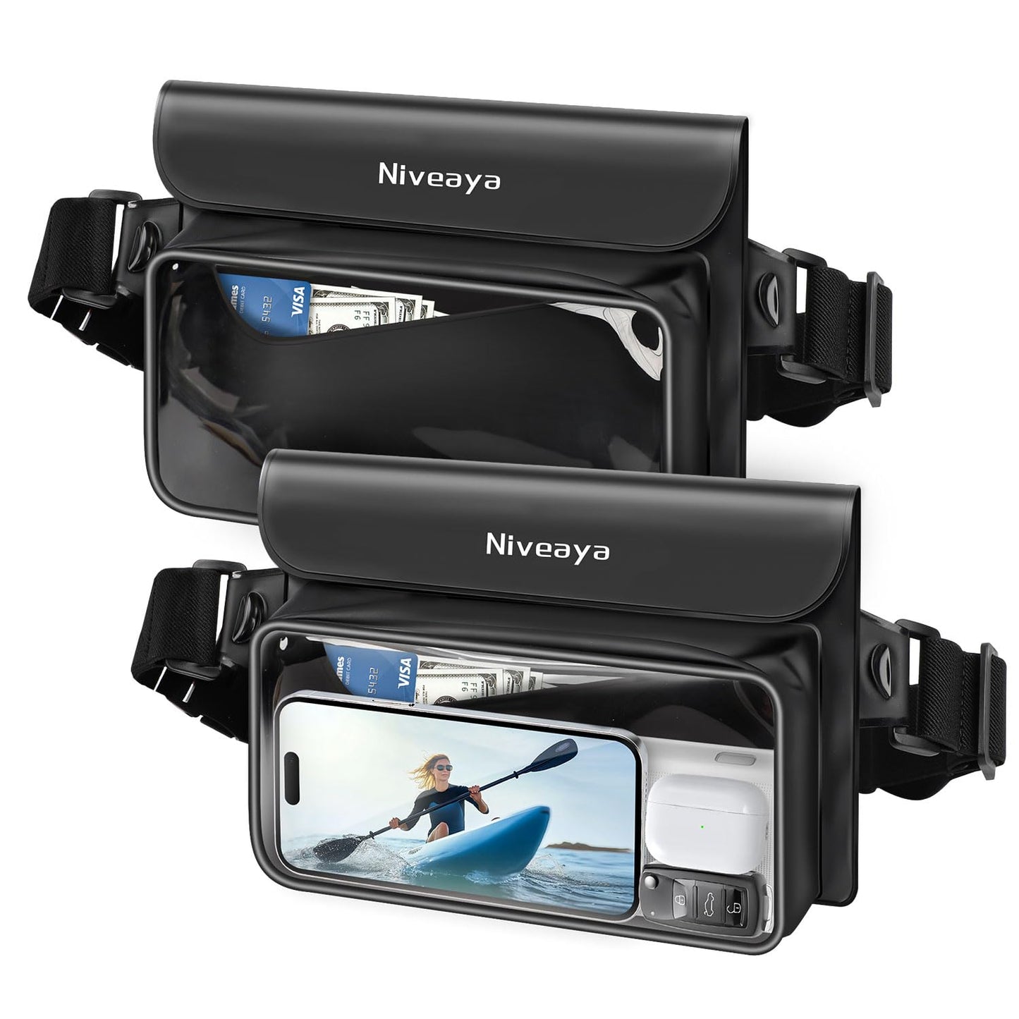 Niveaya IP68 Waterproof Fanny Pack - 2 Pack, Floating Dry Bag Pouch, Phone Waterproof Waist Pouch Dry Bag, Beach, Kayaking, Swimming, Boat Essentials, for iPhone 16/15/14/13/12 Pro Max up to 9.5"