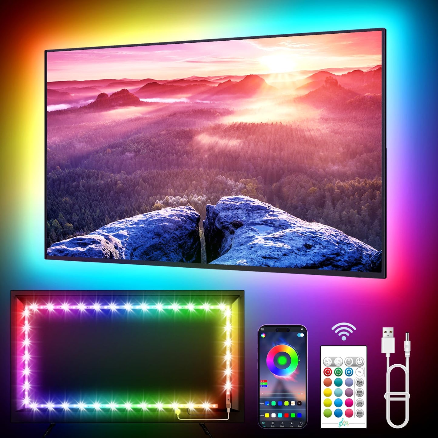 LED Lights for TV, 16.4ft TV LED Backlight for 45-75in, RGB TV Backlight Behind Strip with Music Sync, Bluetooth APP and Remote Control Strip Lights USB Powered for Bedroom, Gaming