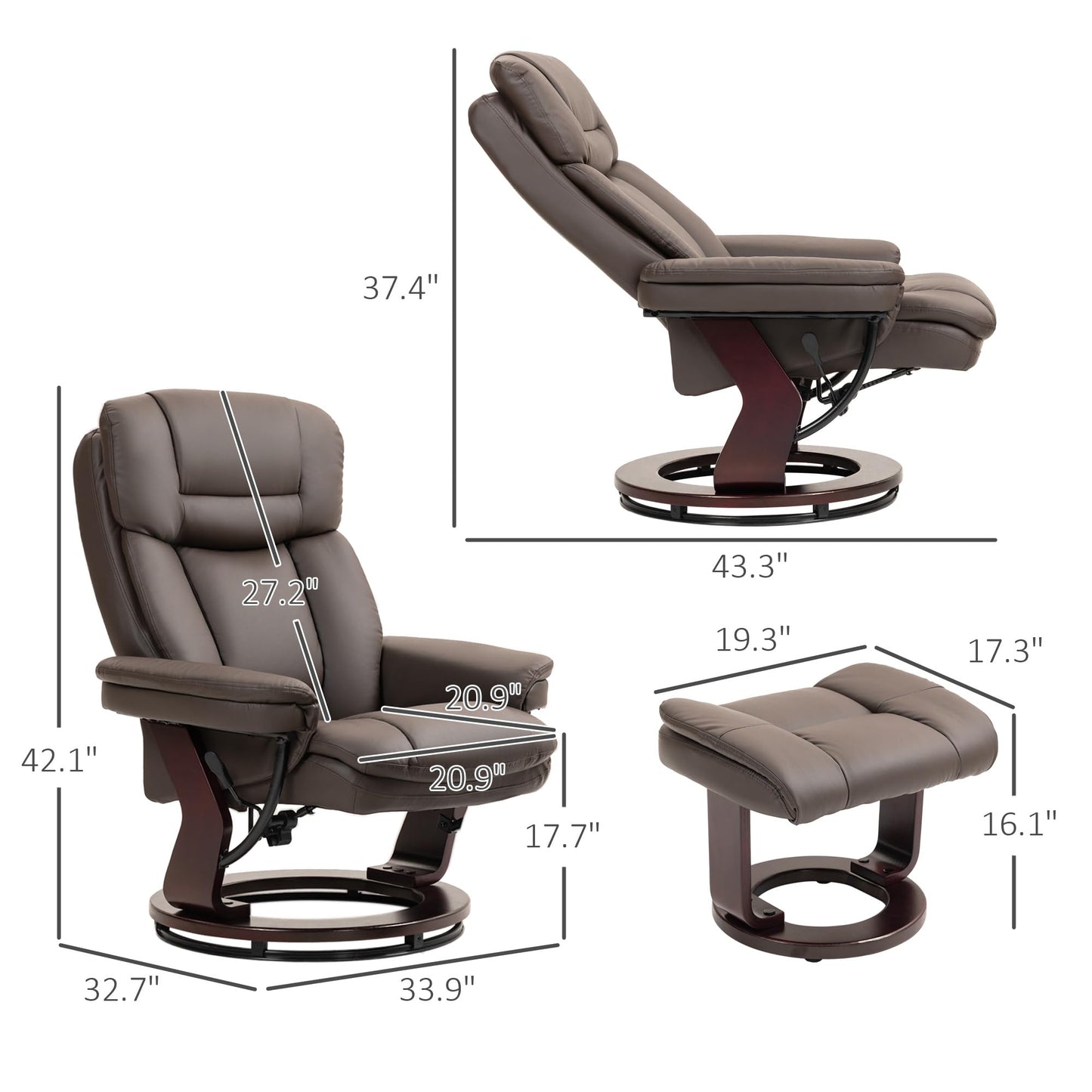 HOMCOM Swivel Recliner Chair with Ottoman, PU Leather Recliner with Adjustable Backrest, Footrest, Wood Base, Upholstered Reclining Chair for Living Room, Bedroom, Office, Dark Brown