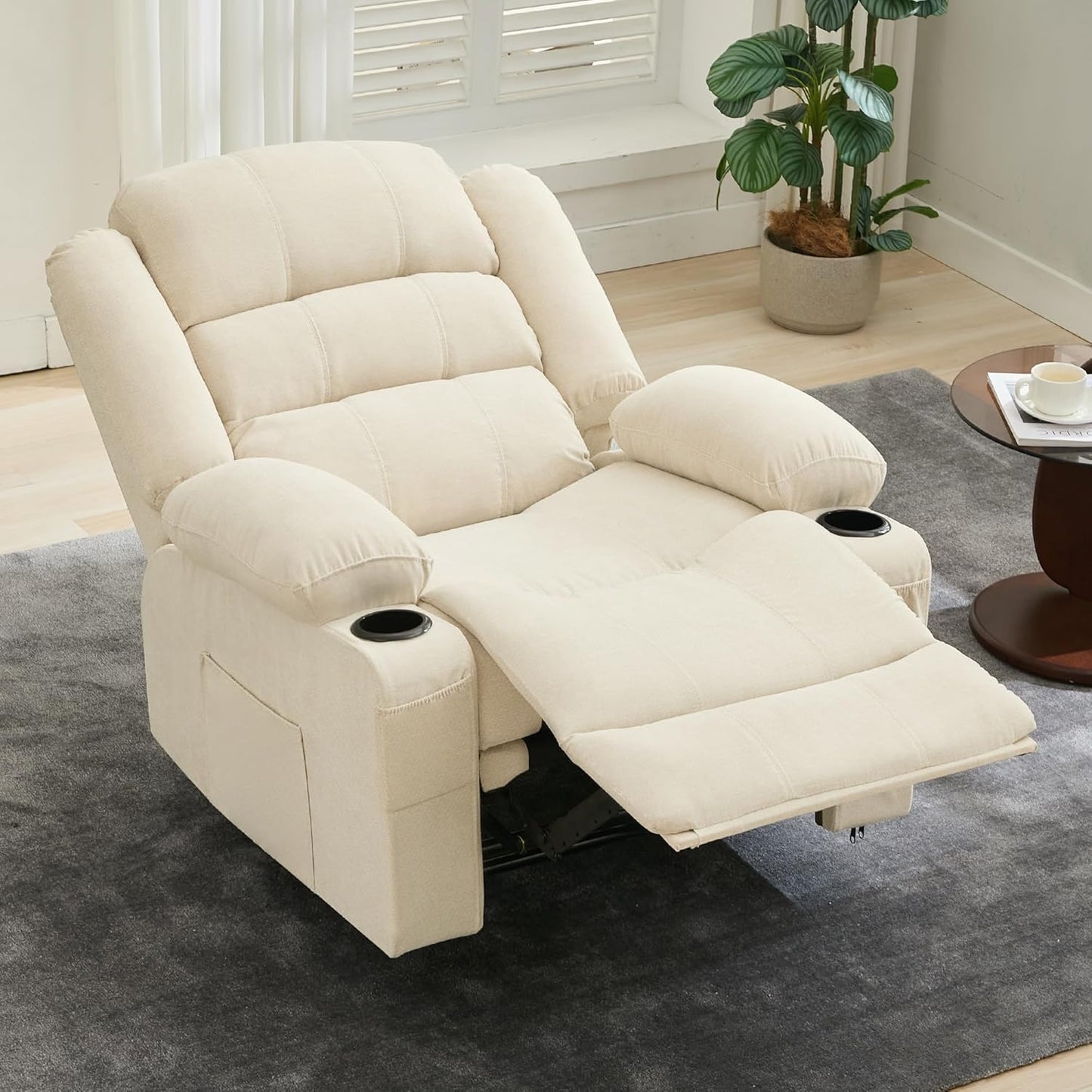 Massage Rocker Recliner Chair, Ergonomic Rocking Lounge Chair with Heat and Vibration for Living Room, Reclining Sofa with 2 Side Pocket, 2 Cup Holders（White）