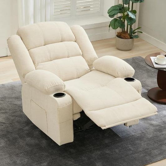 Massage Rocker Recliner Chair, Ergonomic Rocking Lounge Chair with Heat and Vibration for Living Room, Reclining Sofa with 2 Side Pocket, 2 Cup Holders（White）