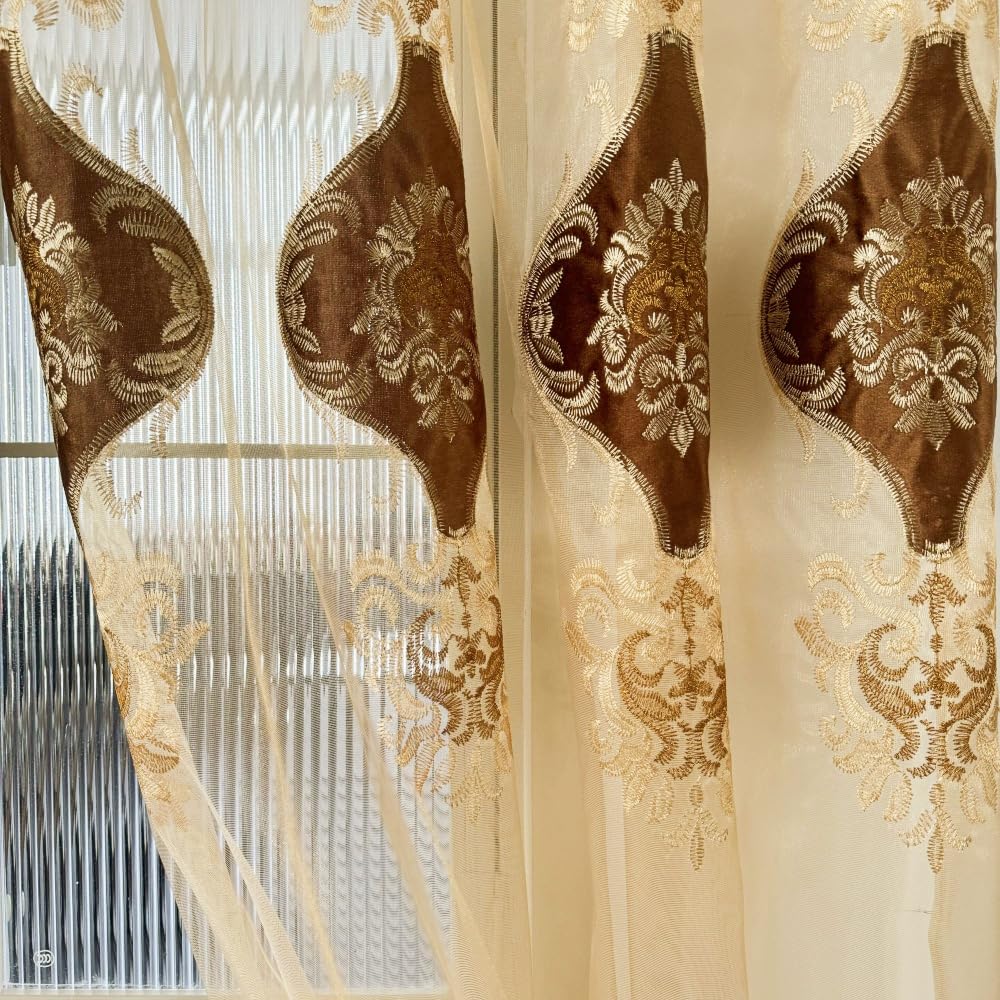 Amidoudou European Luxury Embroidered Sheer Curtains for Living Room Bedroom Tulle Curtains (2 Panels, 63 x 90 inches, Coffee)