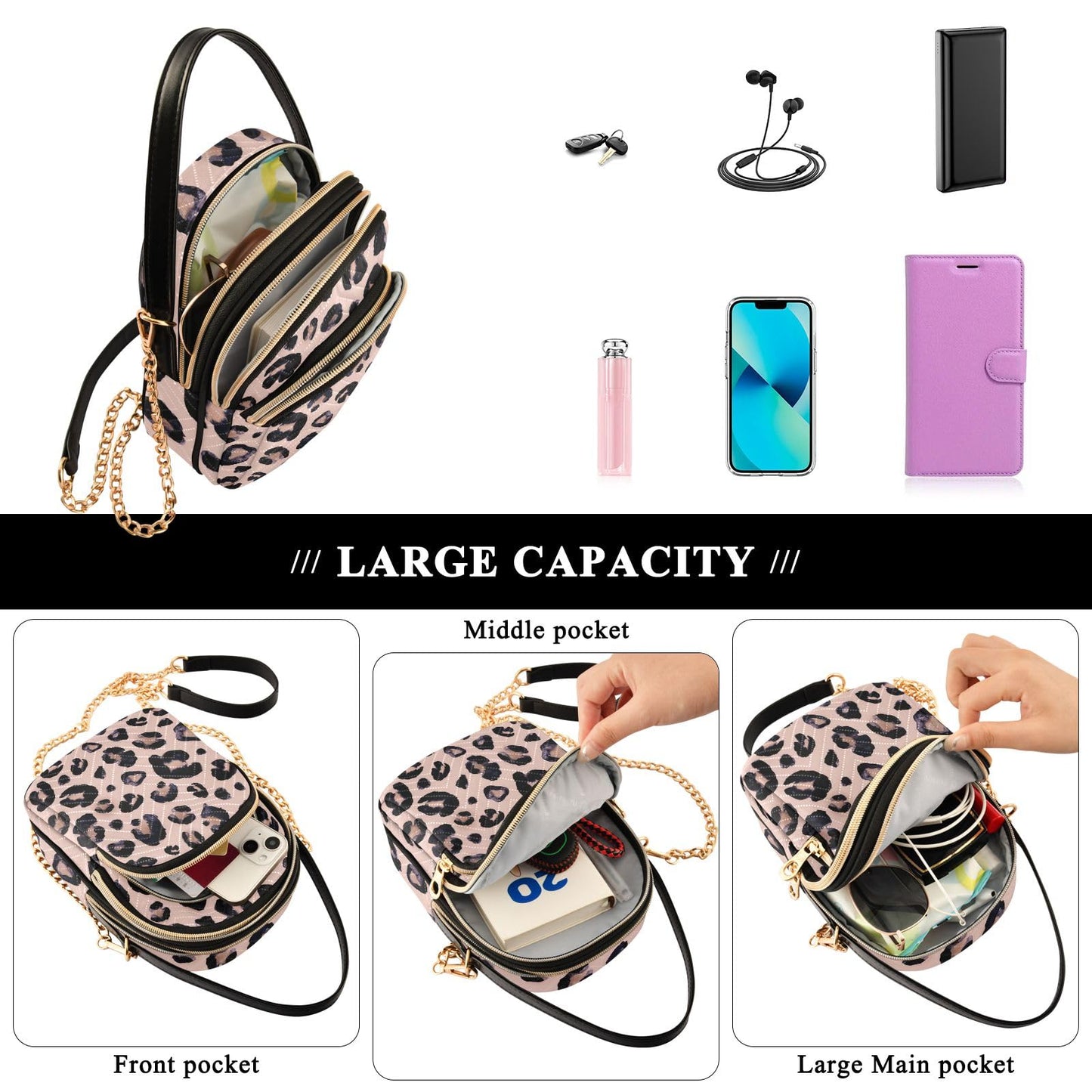 senya Pink Black Leopard Crossbody Handbags for Women Casual Leather Shoulder Phone Purse
