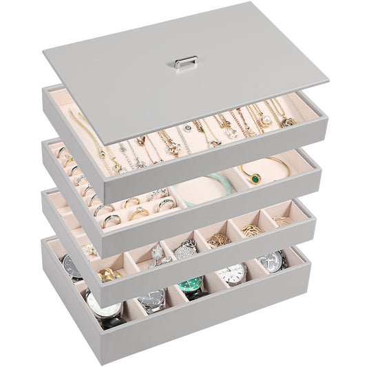 Voova Stackable Jewelry Organizer Tray with Lid, PU Leather Jewelry Storage Holder for Drawer Inserts, Jewellery Display Box Case for Earring Necklace Ring Watch Bracelet (Set of 4, Grey)