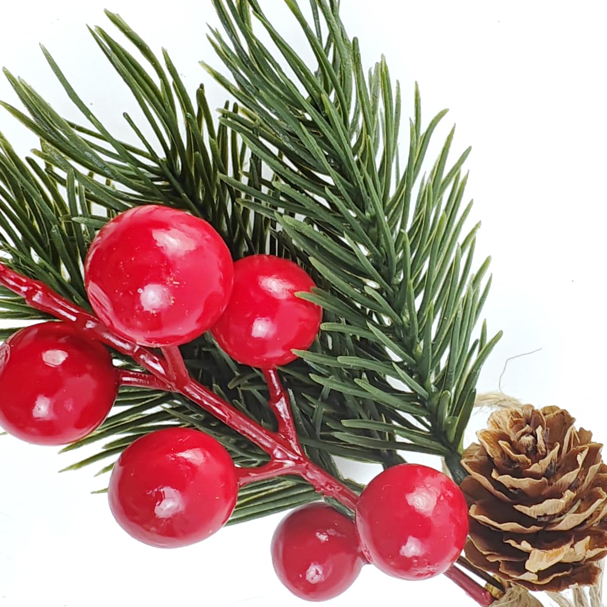 TIHOOD 20PCS 8inch Pine Cone Red Berry Picks Stems Crafts Branch Christmas Wreath, Holly Artificial Evergreen Branches Tiny Pine Cones Picks Décor Floral Picks for Christmas Flower Wreaths DIY