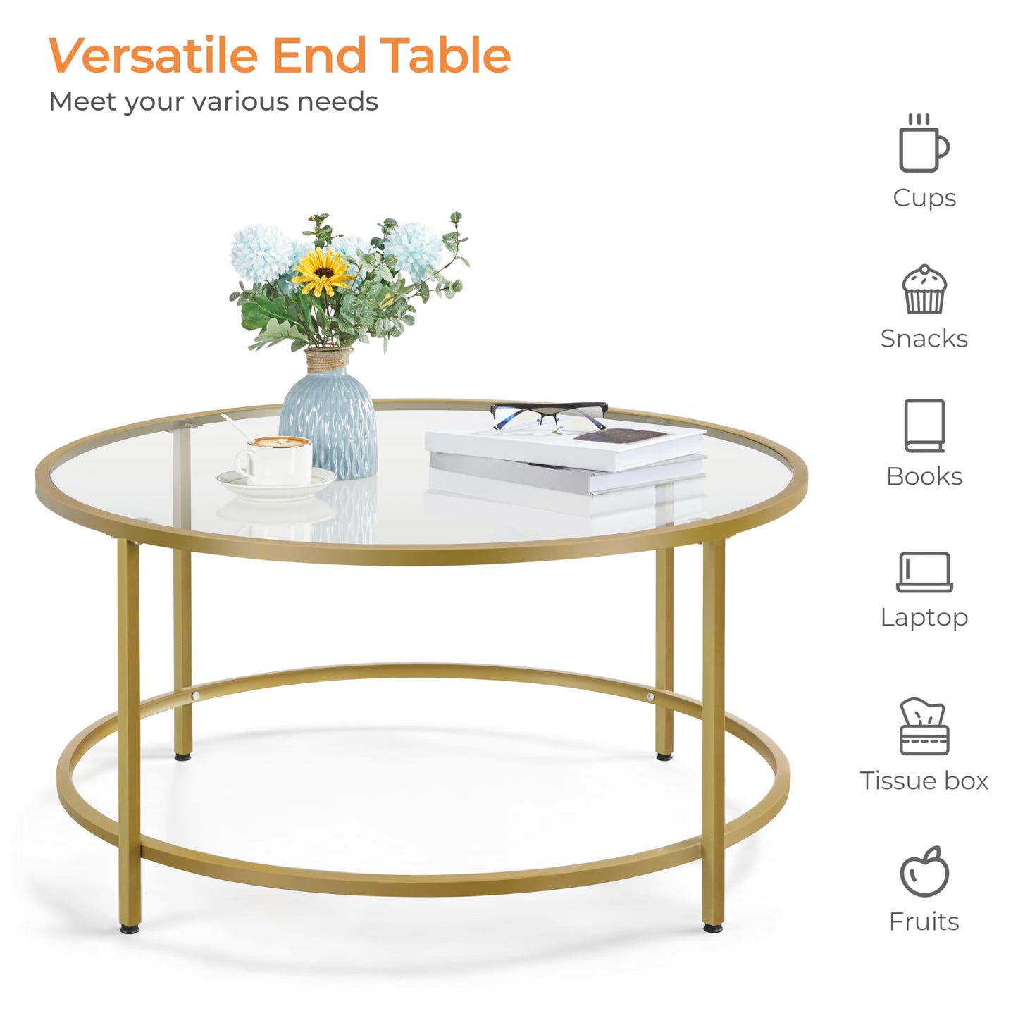 Yaheetech Gold Glass Coffee Table for Living Room, 36" Round Glass Coffee Table with Metal Frame, Circle Coffee Table for Home, Office, Apartment